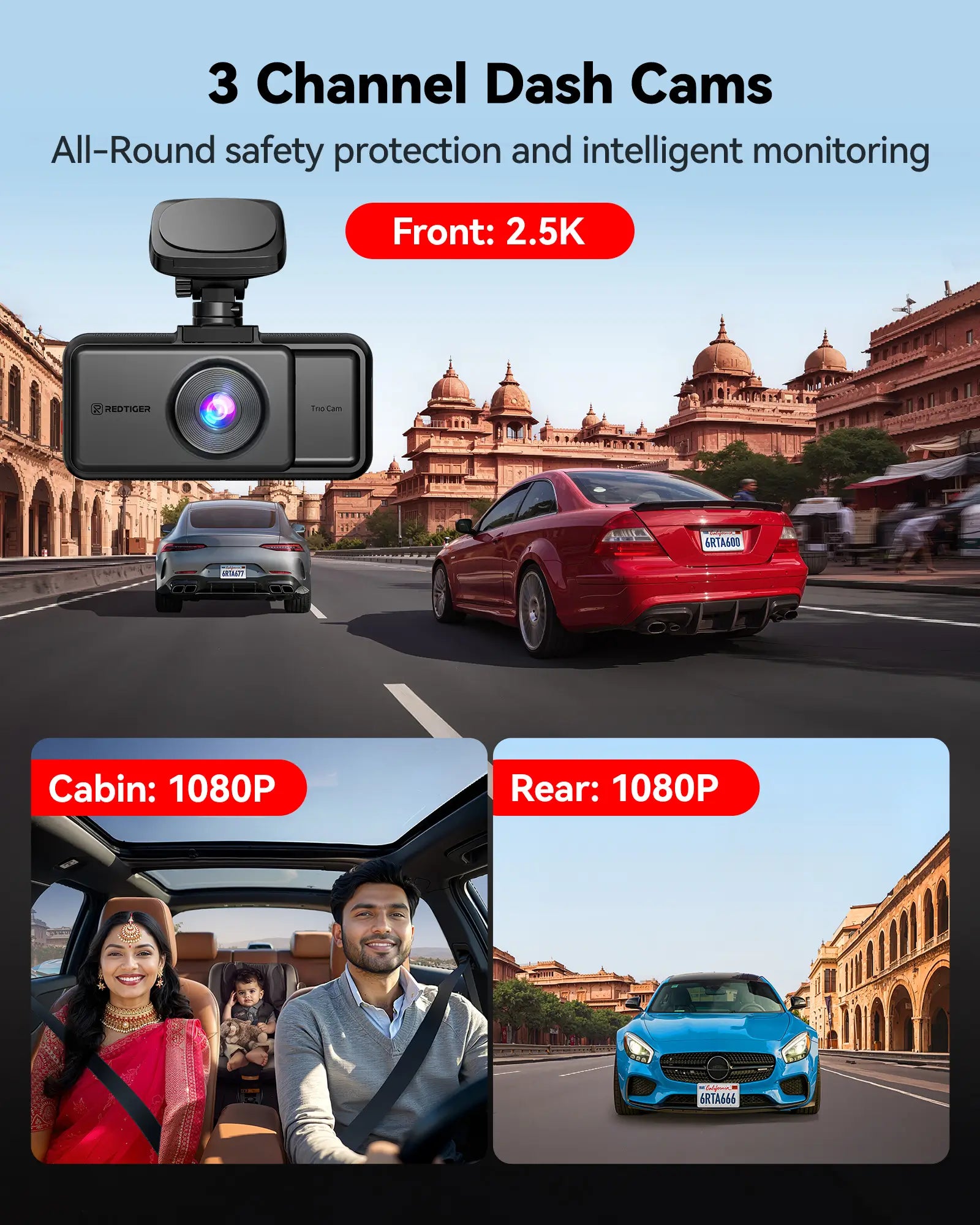Redtiger A6 2.5k+1080P+1080P 3-Channel 5.8GHz Wifi Dash Cam Hot Sales REDTIGER Dash Cam