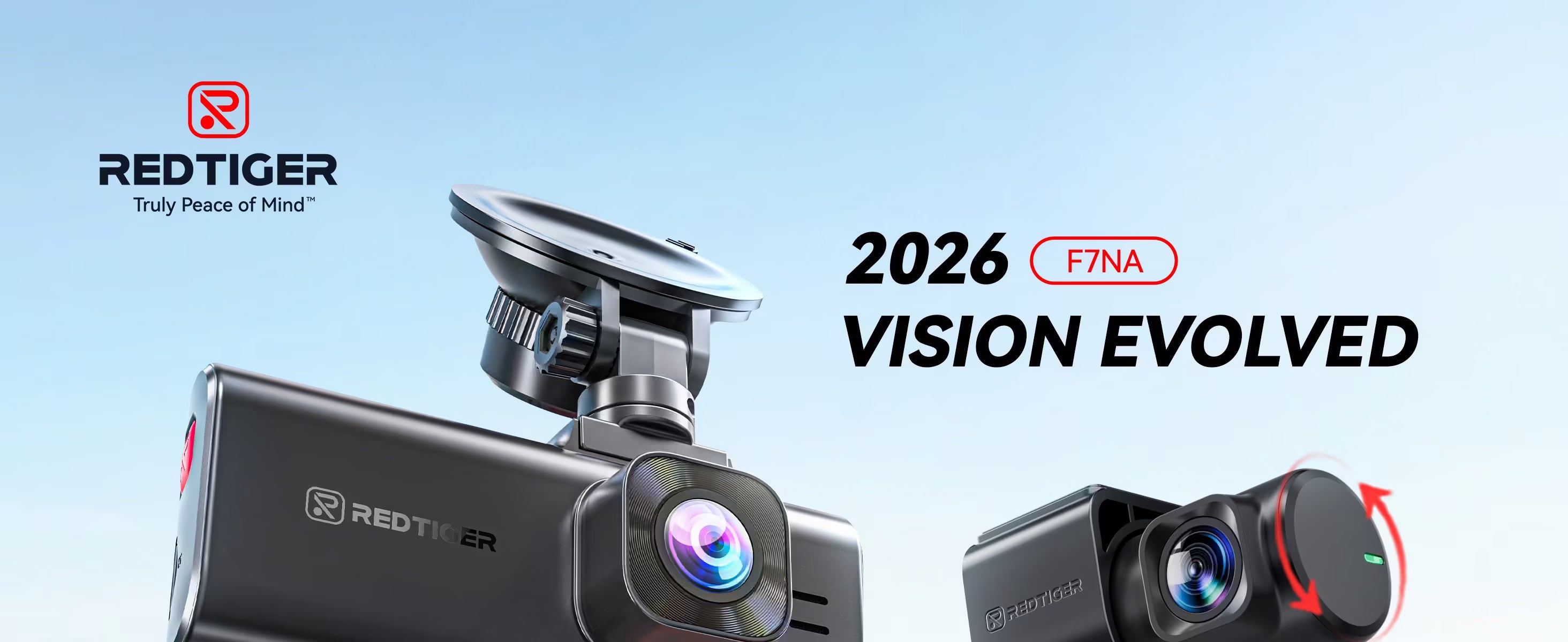 Redtiger dashboard camera with '2026 Vision Evolved' text on a blue background