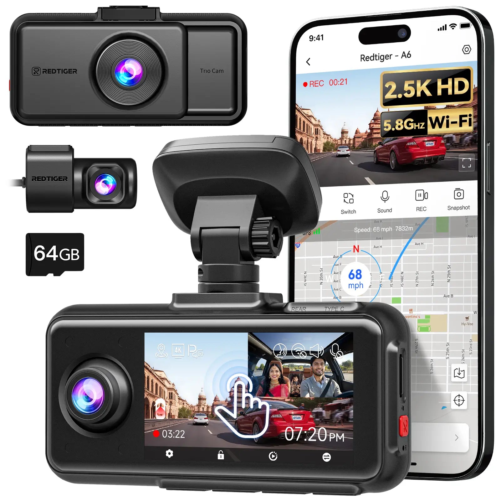 Redtiger A6 2.5k+1080P+1080P 3-Channel 5.8GHz Wifi Dash Cam Hot Sales REDTIGER Dash Cam