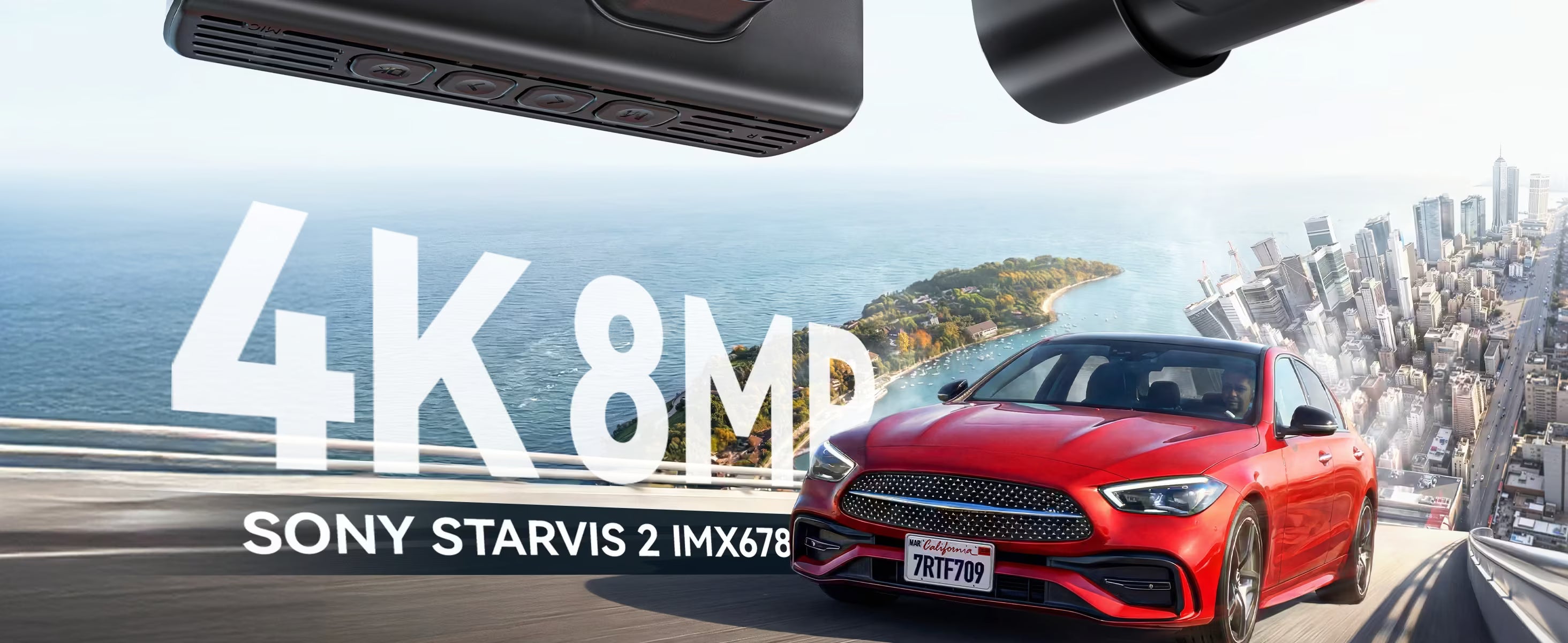 Red car on a bridge with '4K 8MP Sony Starvis 2 IMX578' text overlay.