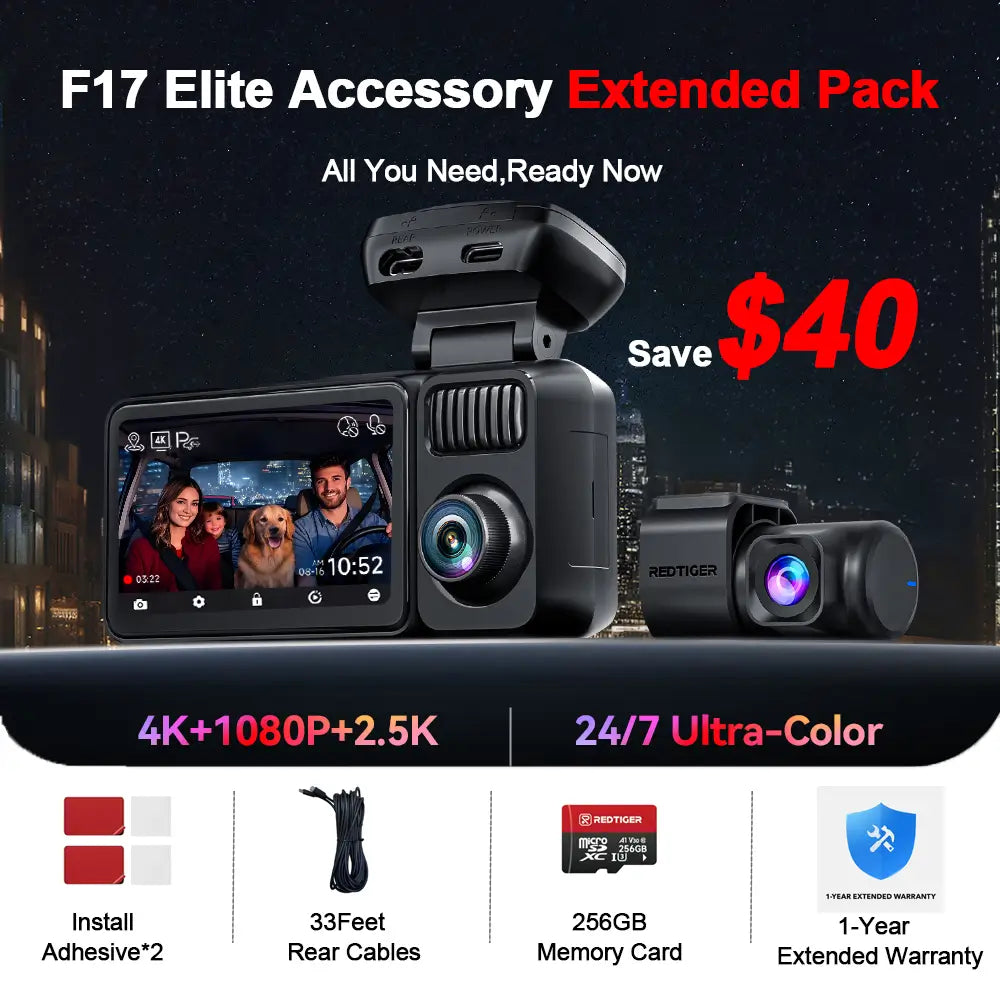 REDTIGER F17 Elite 4K 3 Channel Sony STARVIS 2 Dual HDR WIFI 6 Full Night Color Dash Cam REDTIGER Official F17 Elite Accessories Extend Pack