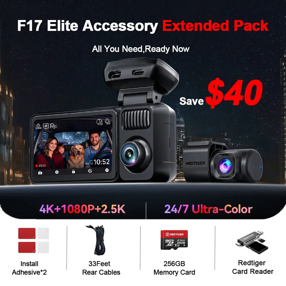REDTIGER F17 Elite 4K 3 Channel Dash Cam Sony STARVIS 2 Dual HDR WIFI 6 Full Night Color REDTIGER Official F17 Elite Extend Pack