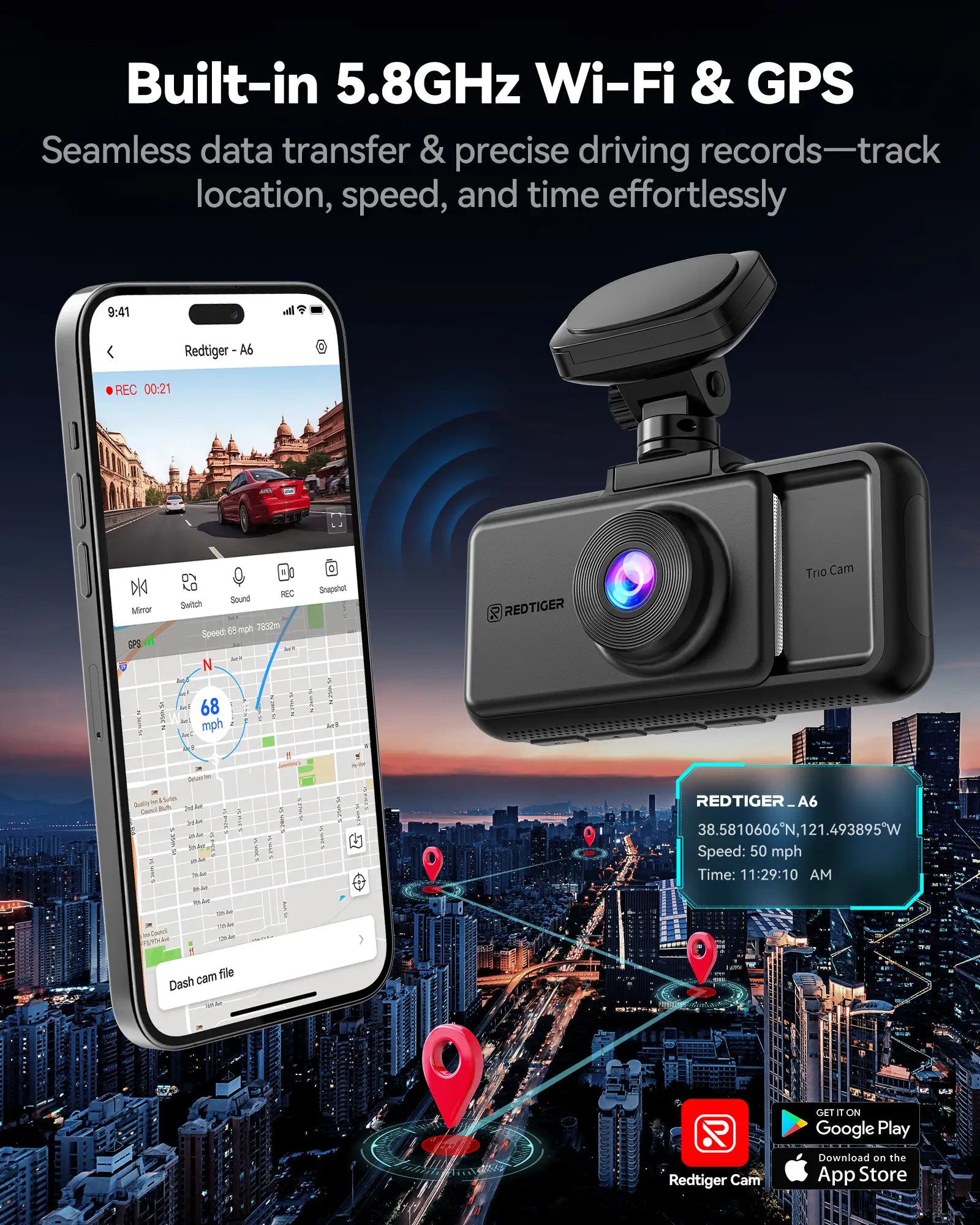 Redtiger A6 2.5k+1080P+1080P 3-Channel 5.8GHz Wifi Dash Cam Hot Sales REDTIGER Dash Cam