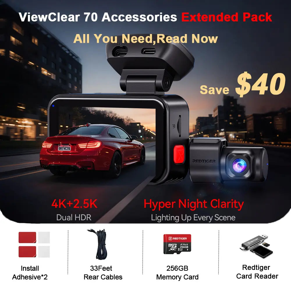 Redtiger ViewClear-70 4K Dual HDR 5.8Ghz WiFi-6 Super Night Vision Dual Dash Cam REDTIGER Official ViewClear 70 Accessories Extended Pack