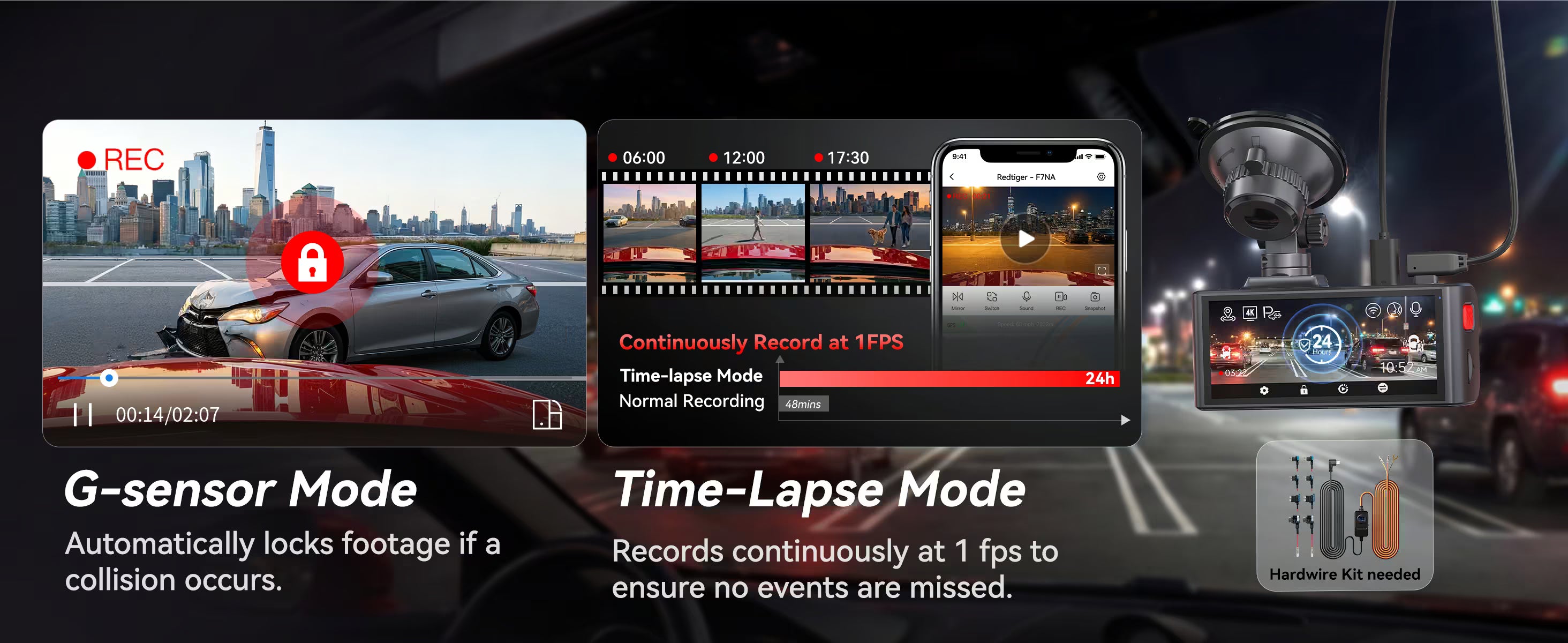 Dashboard camera with recording modes and features displayed on a screen.