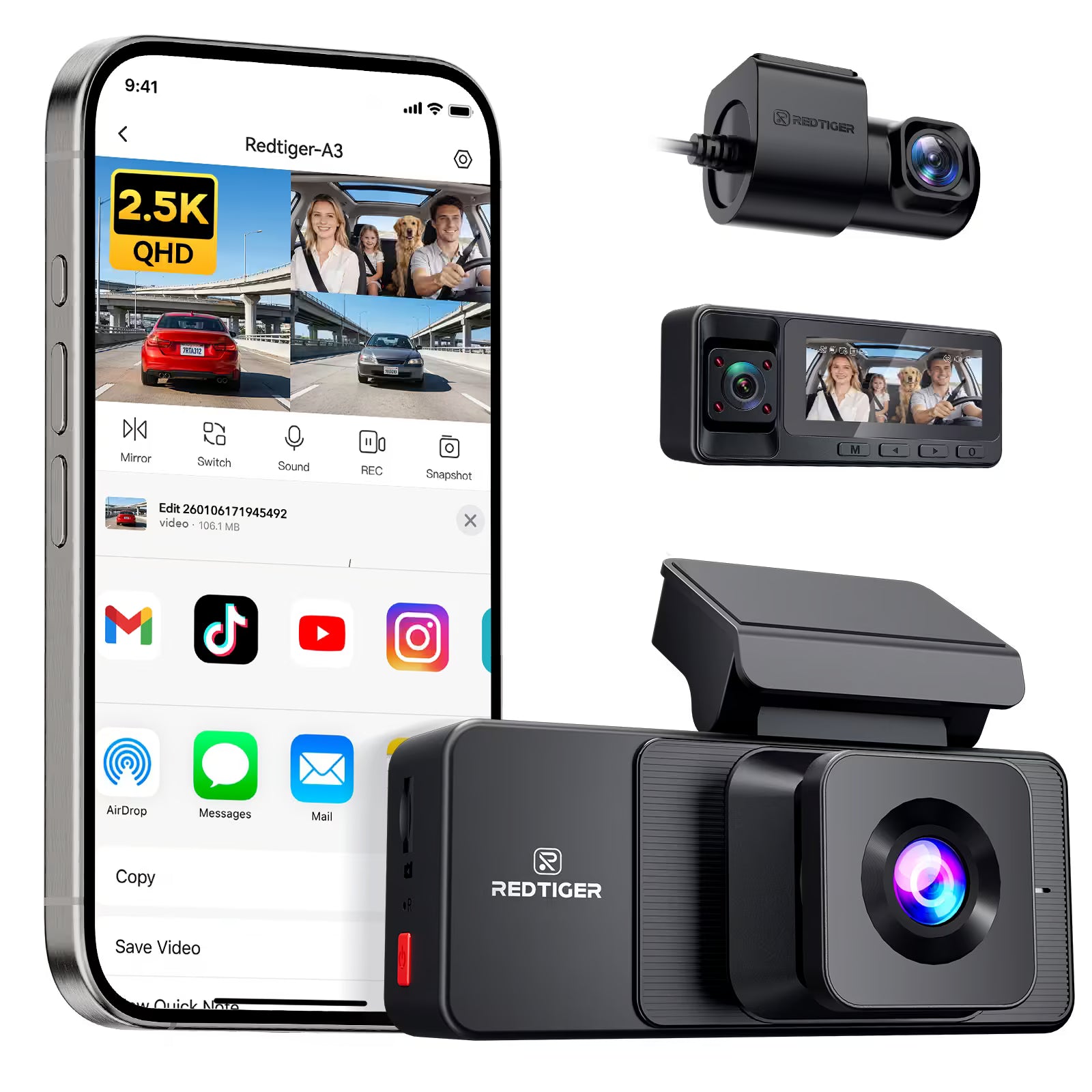 REDTIGER A3 3 Channel Dash Cam Front and Rear Inside, 2.5K + 1080P + 1080P Dash Camera for Cars with WiFi, IR Night View, 3.18" Screen, Parking Mode, Loop Recording