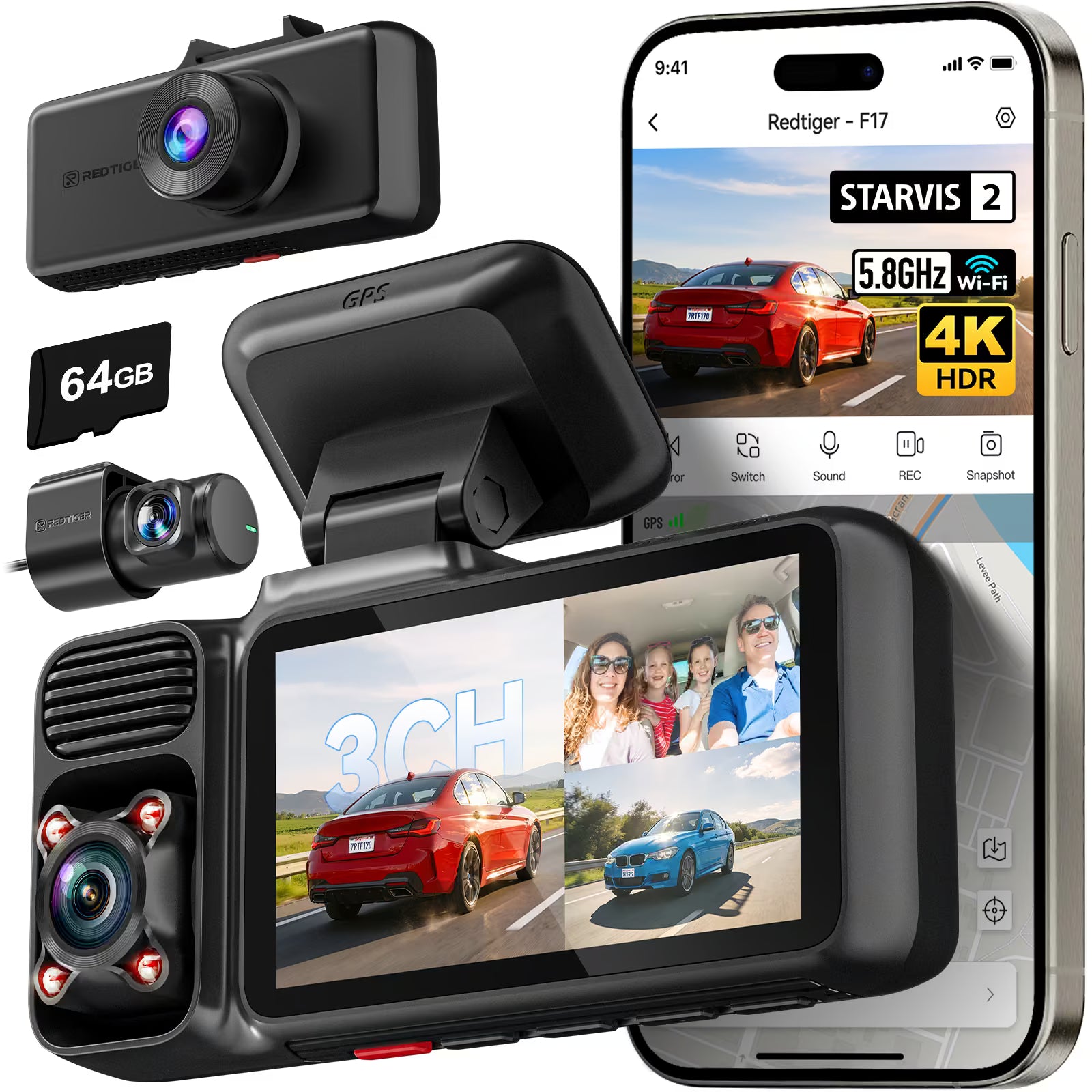 F17 3-Channel 4K 5G WiFi Dash Cam with Parking Monitor