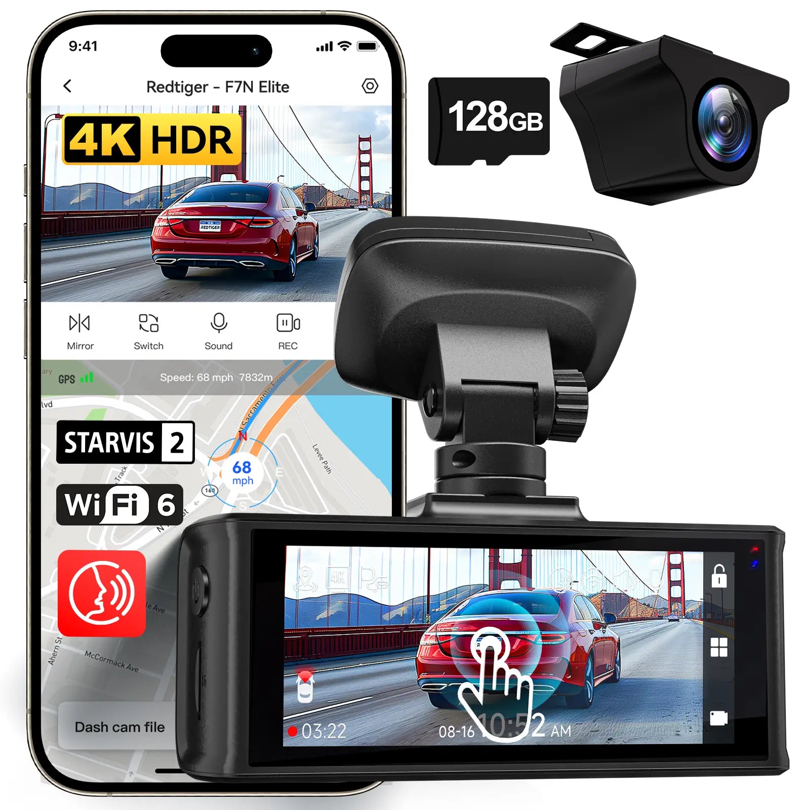 REDTIGER F7N Elite 4K Sony STARVIS 2 5.8GHz WiFi-6 Touchscreen Voice Control Dual Dash Cam - REDTIGER Official