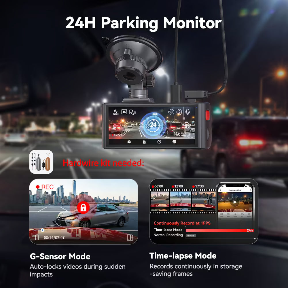 F7NA Dash Cam with 24-hour parking monitor features and hardware kit needed text.