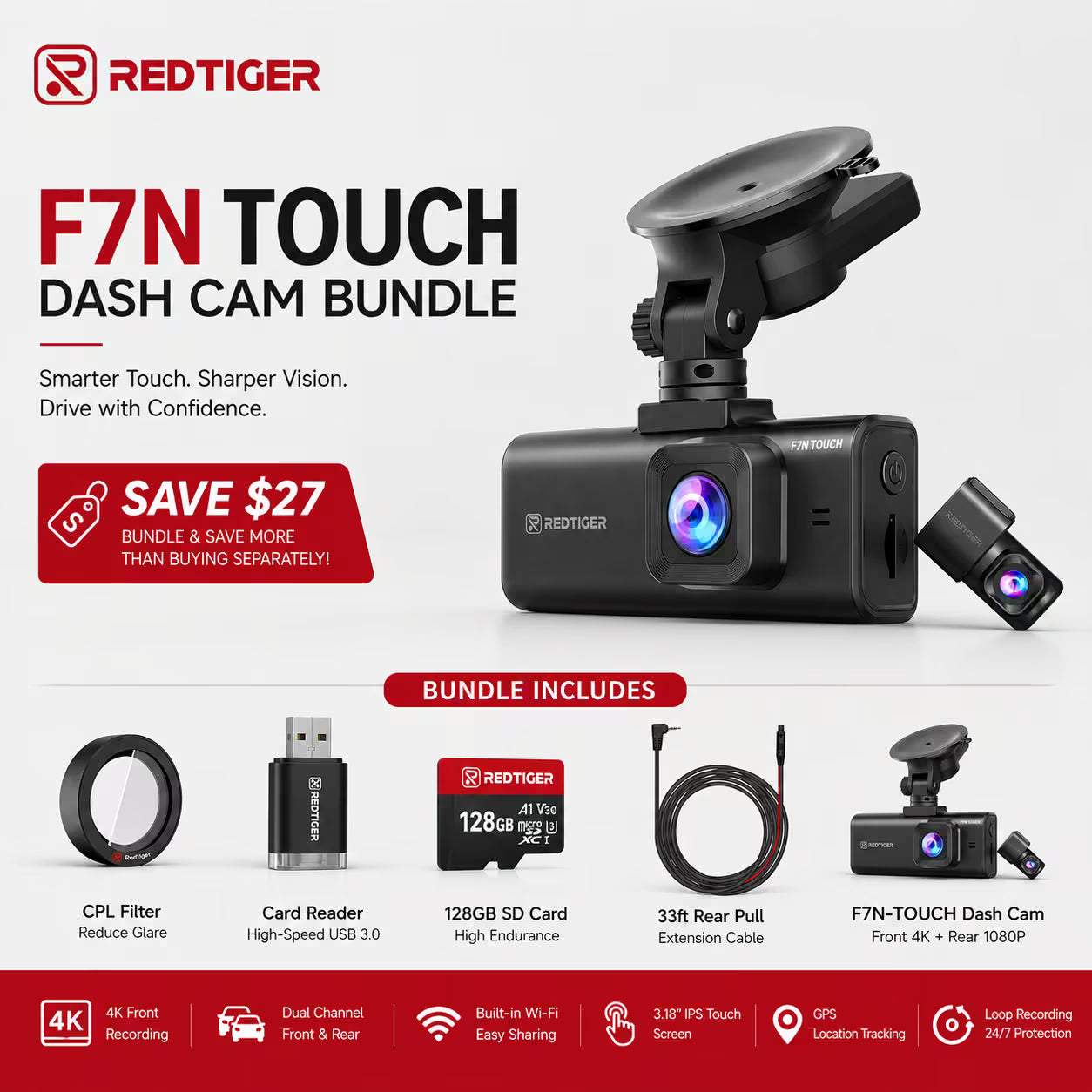 Redtiger F7N Touch 4K Sony STARVIS 2 HDR WiFi 6 Touch Screen Voice Contral Dual Dash Cam