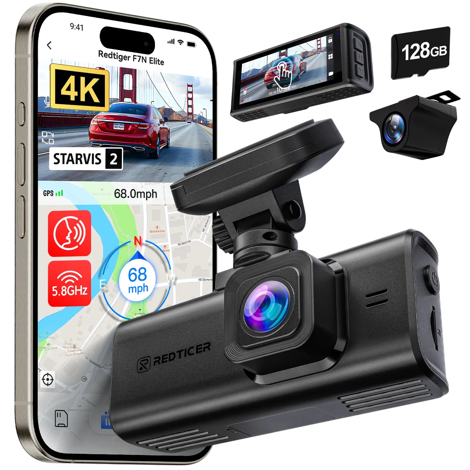 REDTIGER F7N Elite 4K Sony STARVIS 2 5.8GHz WiFi Touchscreen Voice Control Dual Dash Cam REDTIGER Official
