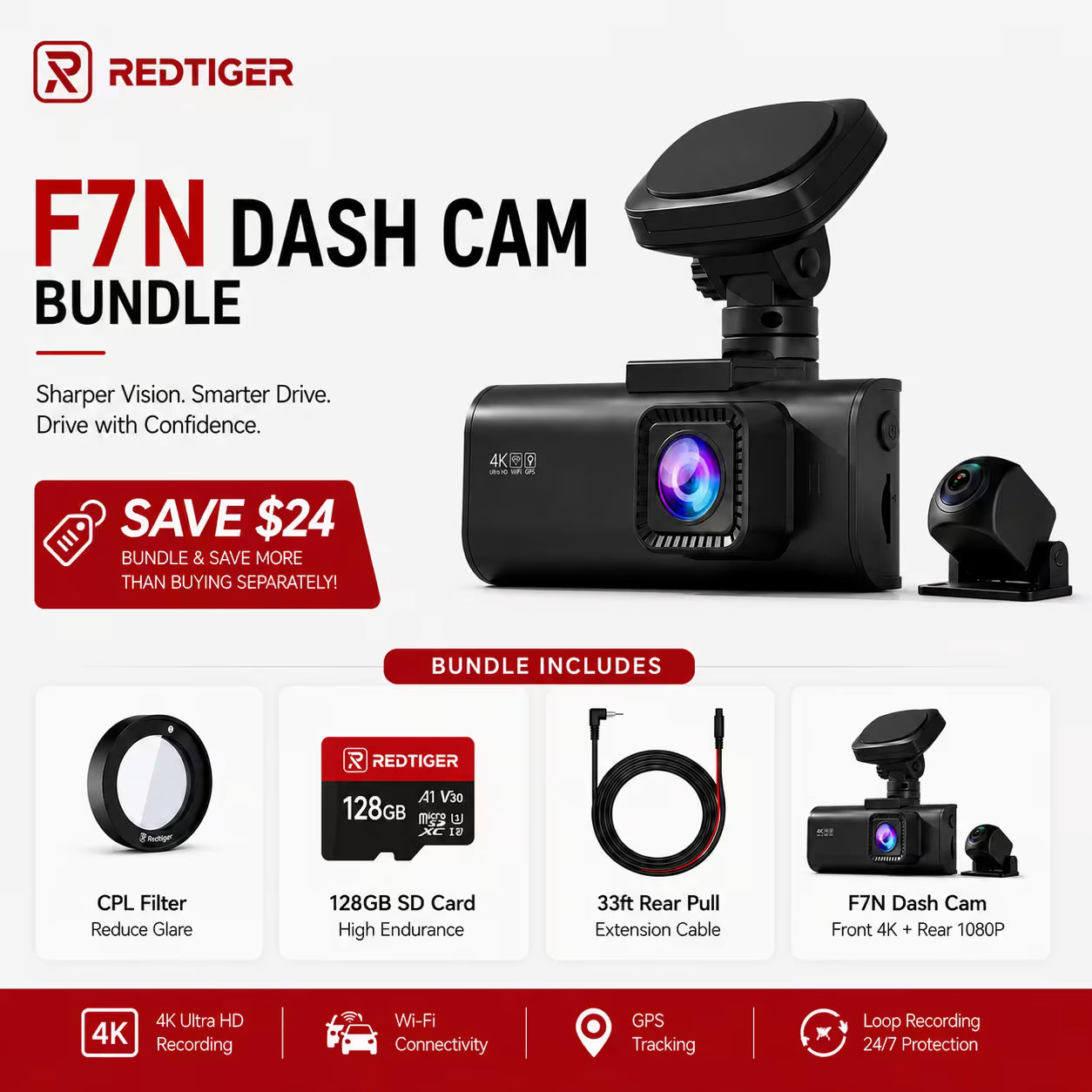 F7N 4K Dual Front and Rear Dash Cam with 64GB Card