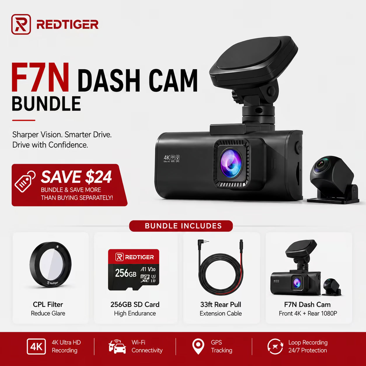 F7N 4K Dual Front and Rear Dash Cam with 64GB Card - REDTIGER Official