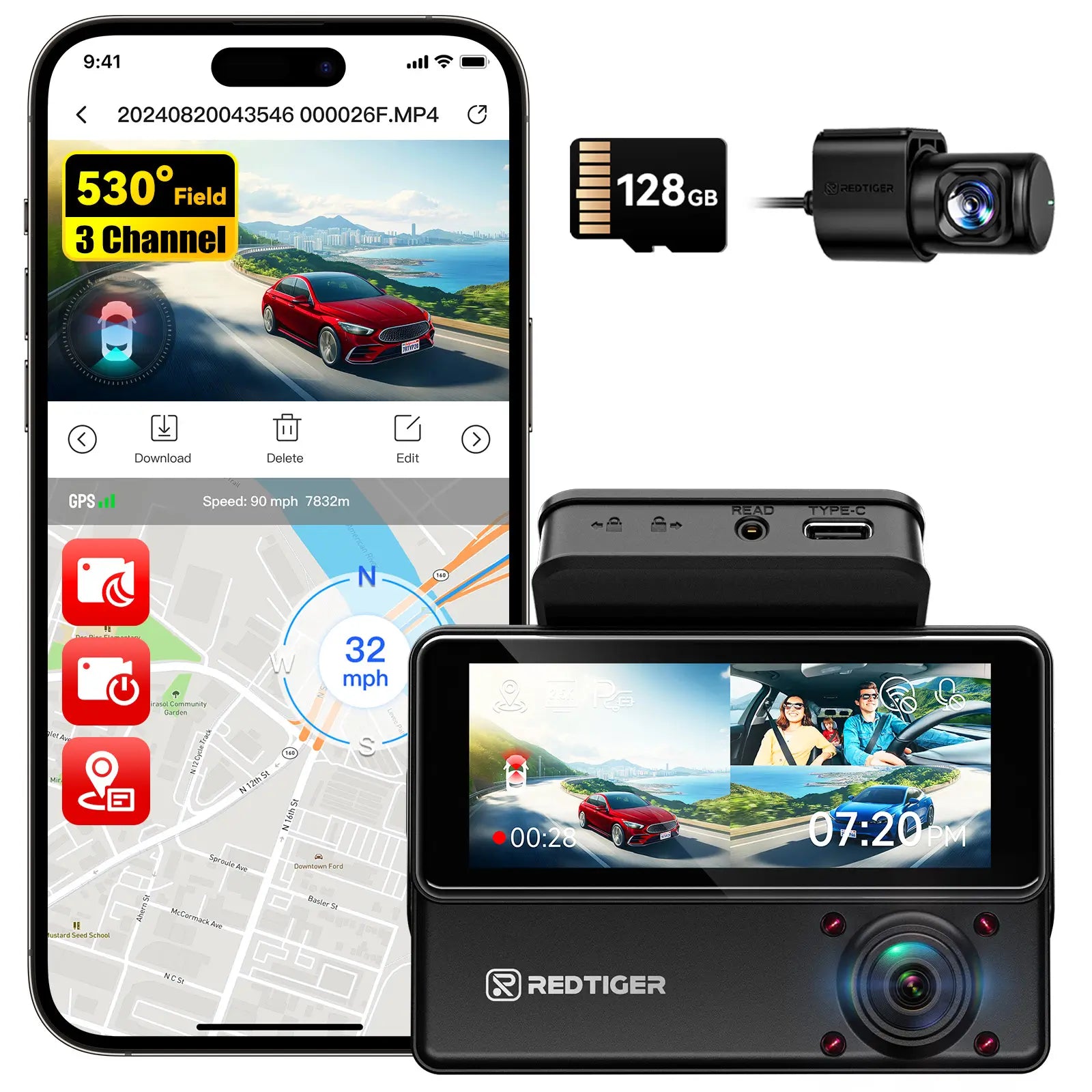 REDTIGER VP20 530° 3-Channel IR Night View Dash Cam Hot Sales REDTIGER Official