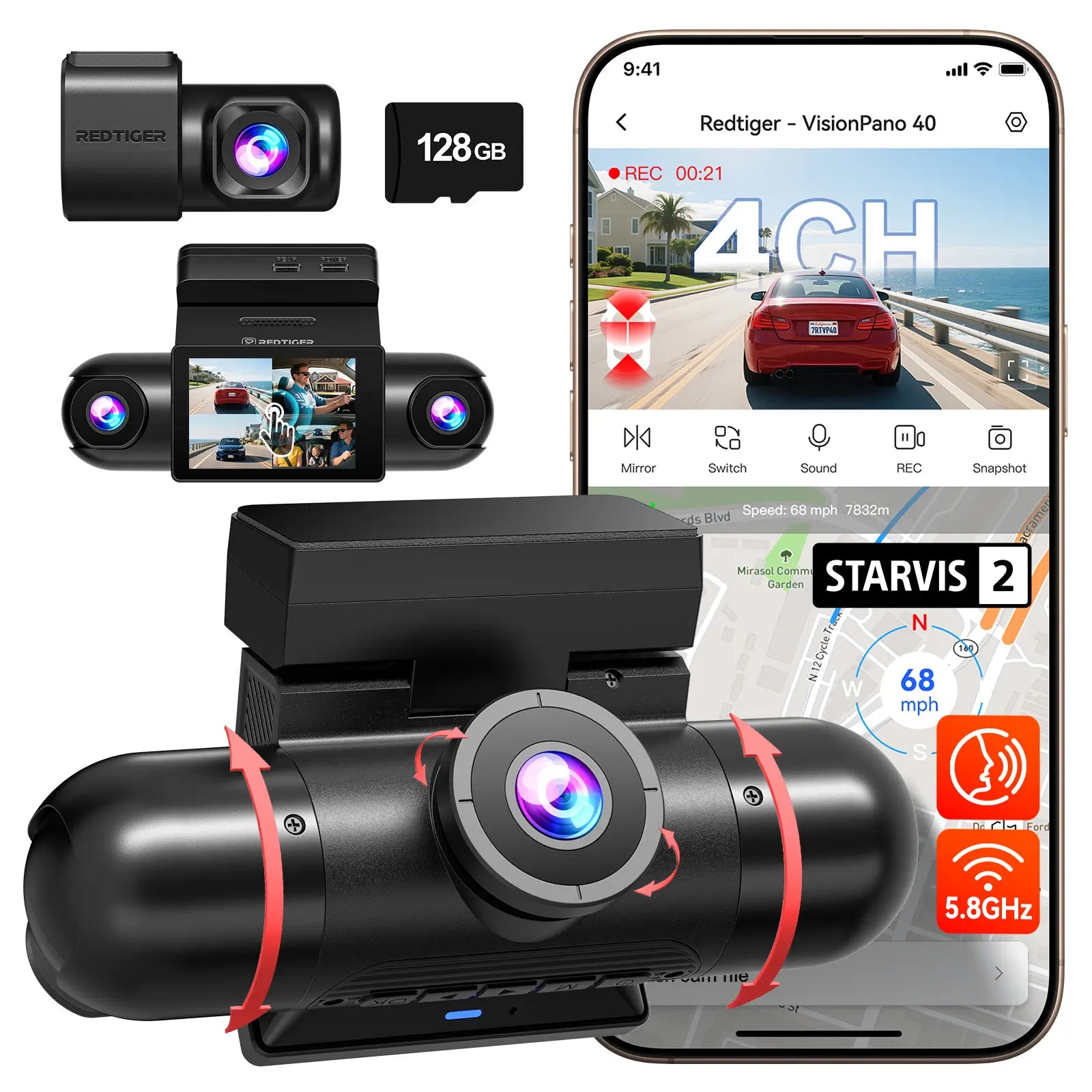 Redtiger VisionPano 40 4 Channel Dash Cam Dual Sony STARVIS 2 HDR 5.8 Ghz WiFi Parking Monitor Dash Cam