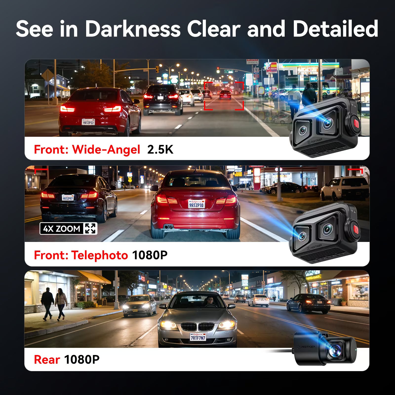 Redtiger ZoomPix-1 Tele 3CH EIS Dash Cam-2.5K+1080P 4x Optical Zoom+1080P,