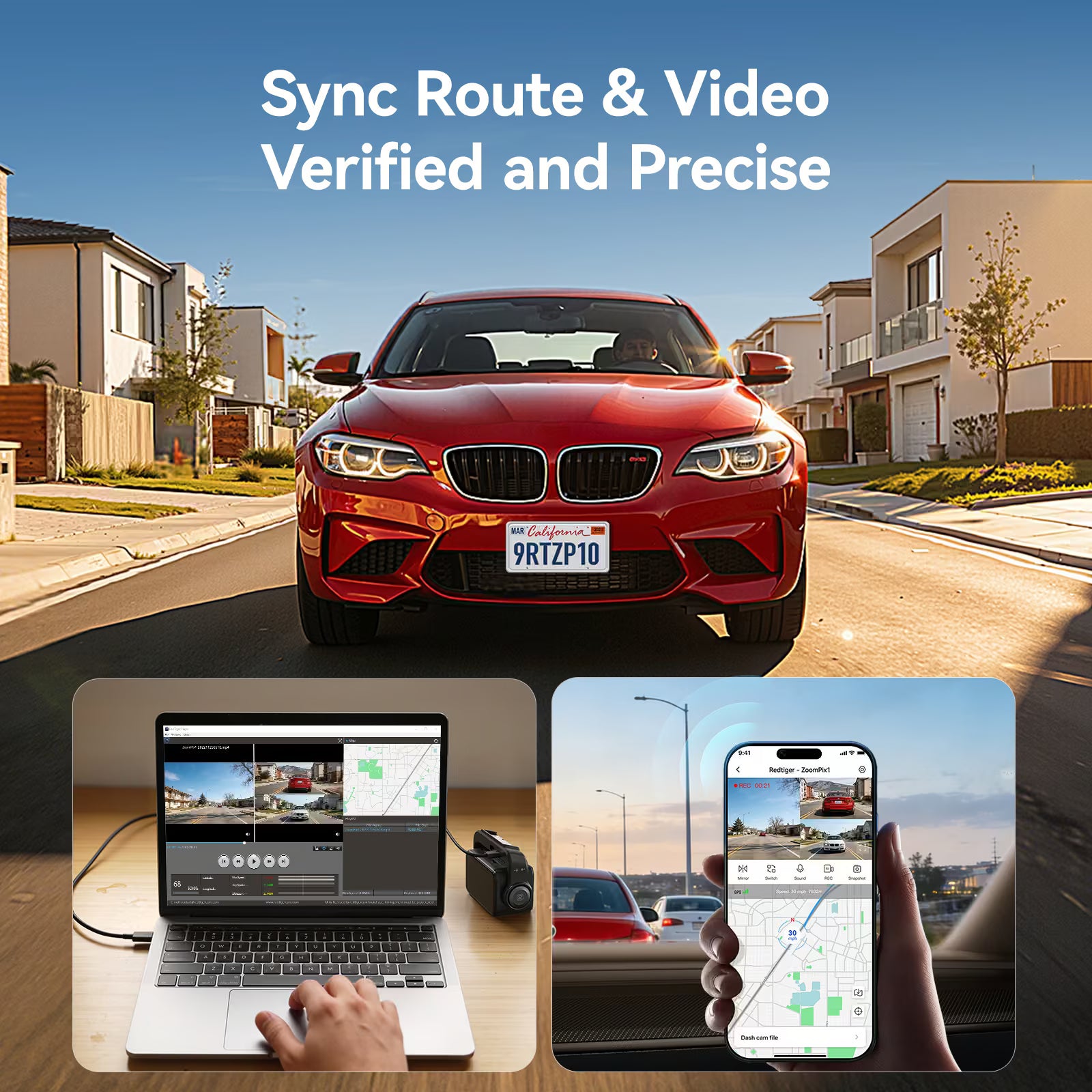 Redtiger ZoomPix-1 Tele 3CH EIS Dash Cam APP Contact and GPS