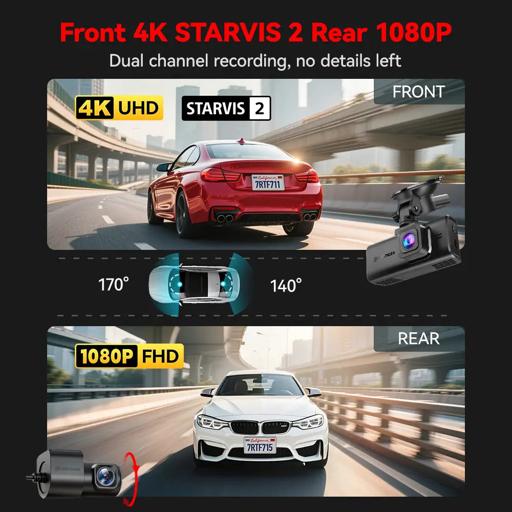 REDTIGER Touch Screen Dash Cam Front and Rear, 4K Dash Camera with STARVIS 2 Sensor, Free 128GB Card, Car Camera with Wifi GPS, Voice Control, WDR,5.8GHz WiFi, 24H Parking Mode, Night Vision - REDTIGER Official
