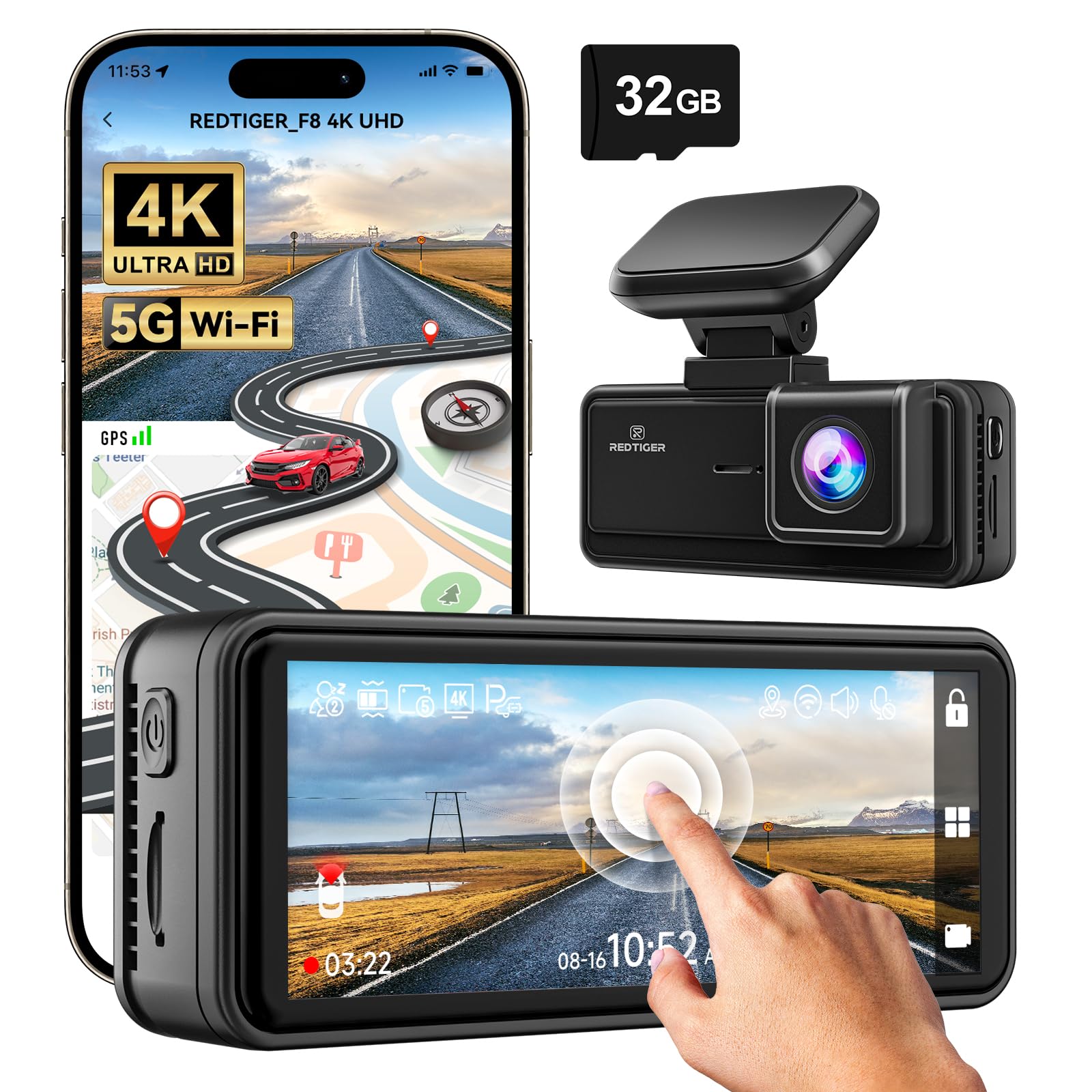 Redtiger F8 5GHz Wifi Touch Screen 4K Front Dash Cam-Refurbished - REDTIGER Official