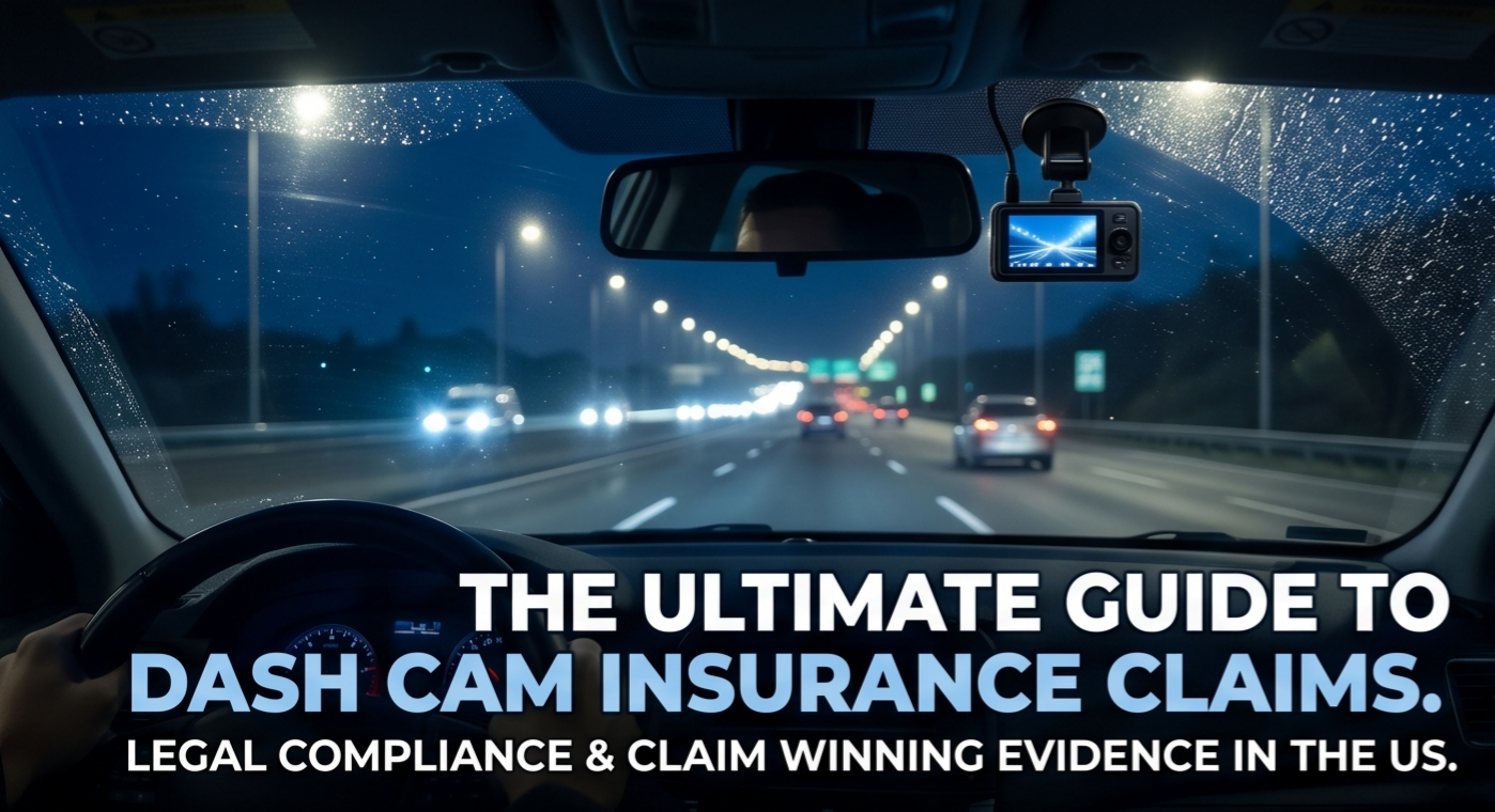 Featured image for Ultimate Guide: How to Use Dash Cam Footage for Car Insurance Claims in the US, showing a night road view through a car windshield with a visible dash cam.