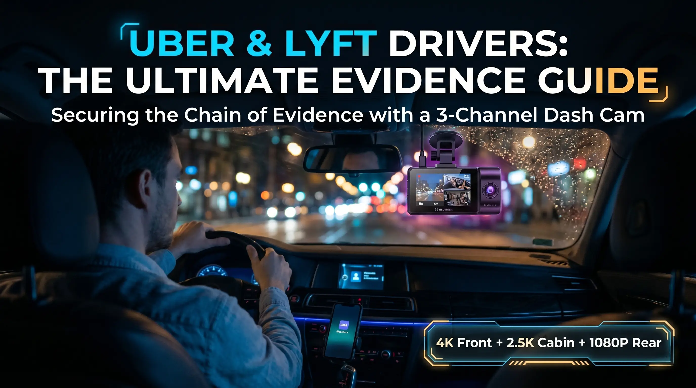 Featured image for Why Uber & Lyft Drivers Need a 3-Channel Dash Cam: The Ultimate Evidence Guide, showing a city night driving perspective from the LHD seat lit by Infrared (IR) LEDs.