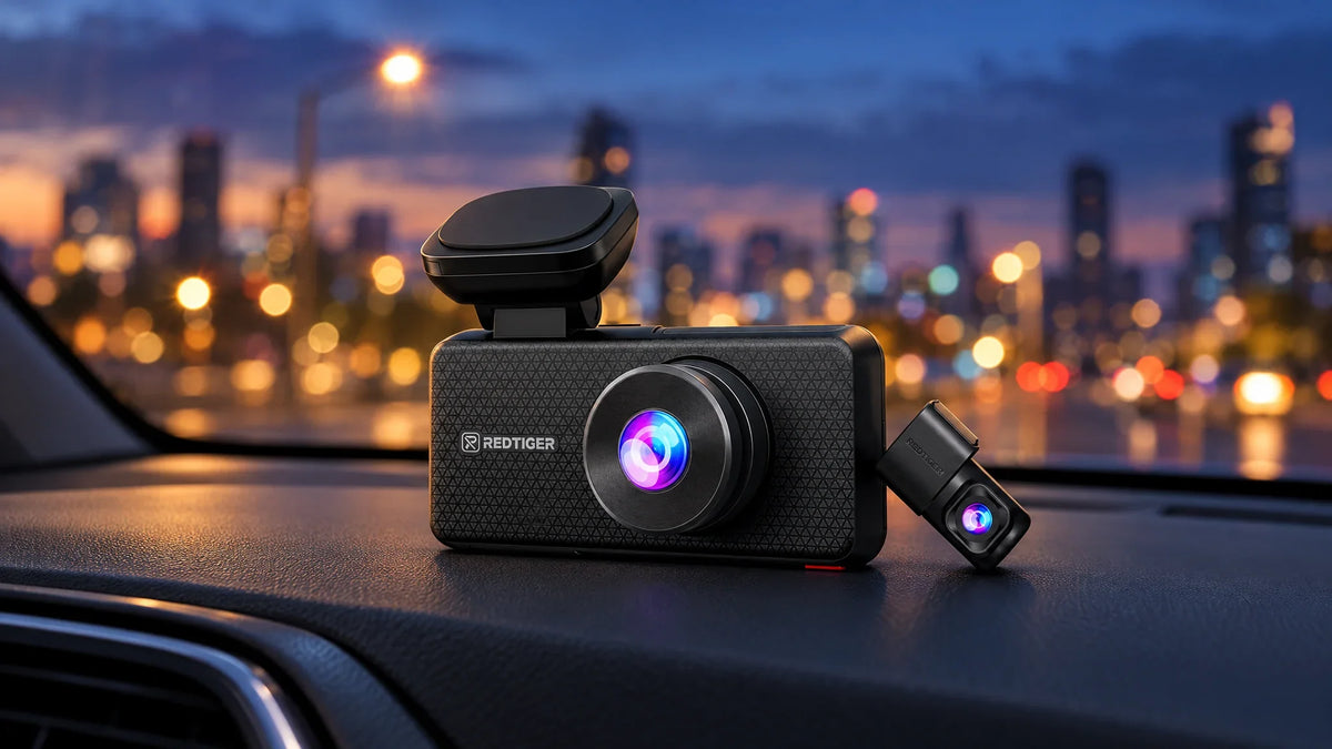 - REDTIGER F17 Elite front camera and rear camera module on a car dashboard at dusk