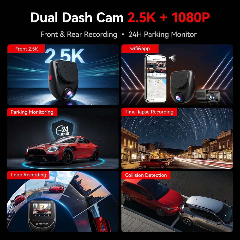 Redtiger A2 Dash Camera Front and Rear, 2.5K+1080P Dual Dashcam, WiFi, Loop Recording, G-Sensor, 24H Parking Mode, Super Capacitor, Wide Angle (SD Card Not Included)