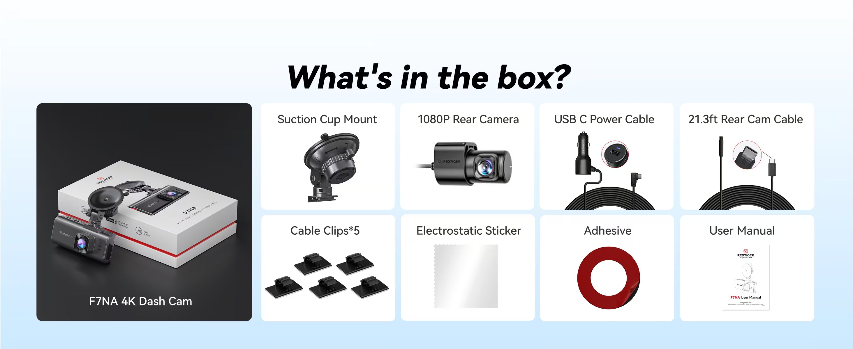 List of items included in a box for F7NA 4K Dash Cam on a white background.