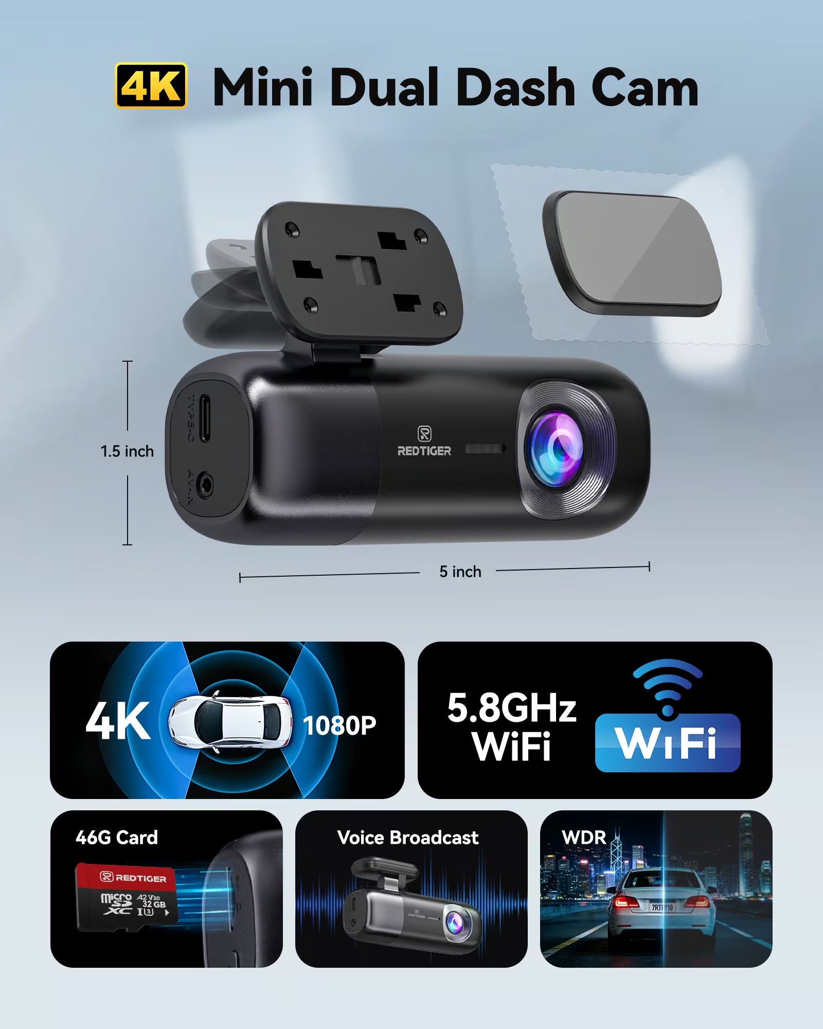 REDTIGER F9 4K Dash Cam Front and Rear 1080P, 5.8GHz WiFi & Smart App
