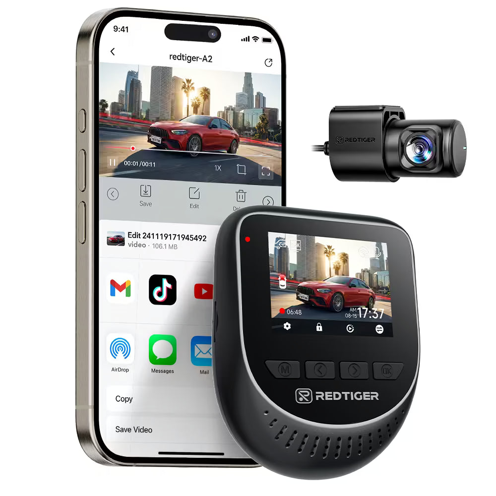 Redtiger A2 Dash Camera Front and Rear, 2.5K+1080P Dual Dashcam, WiFi, Loop Recording, G-Sensor, 24H Parking Mode, Super Capacitor, Wide Angle (SD Card Not Included)