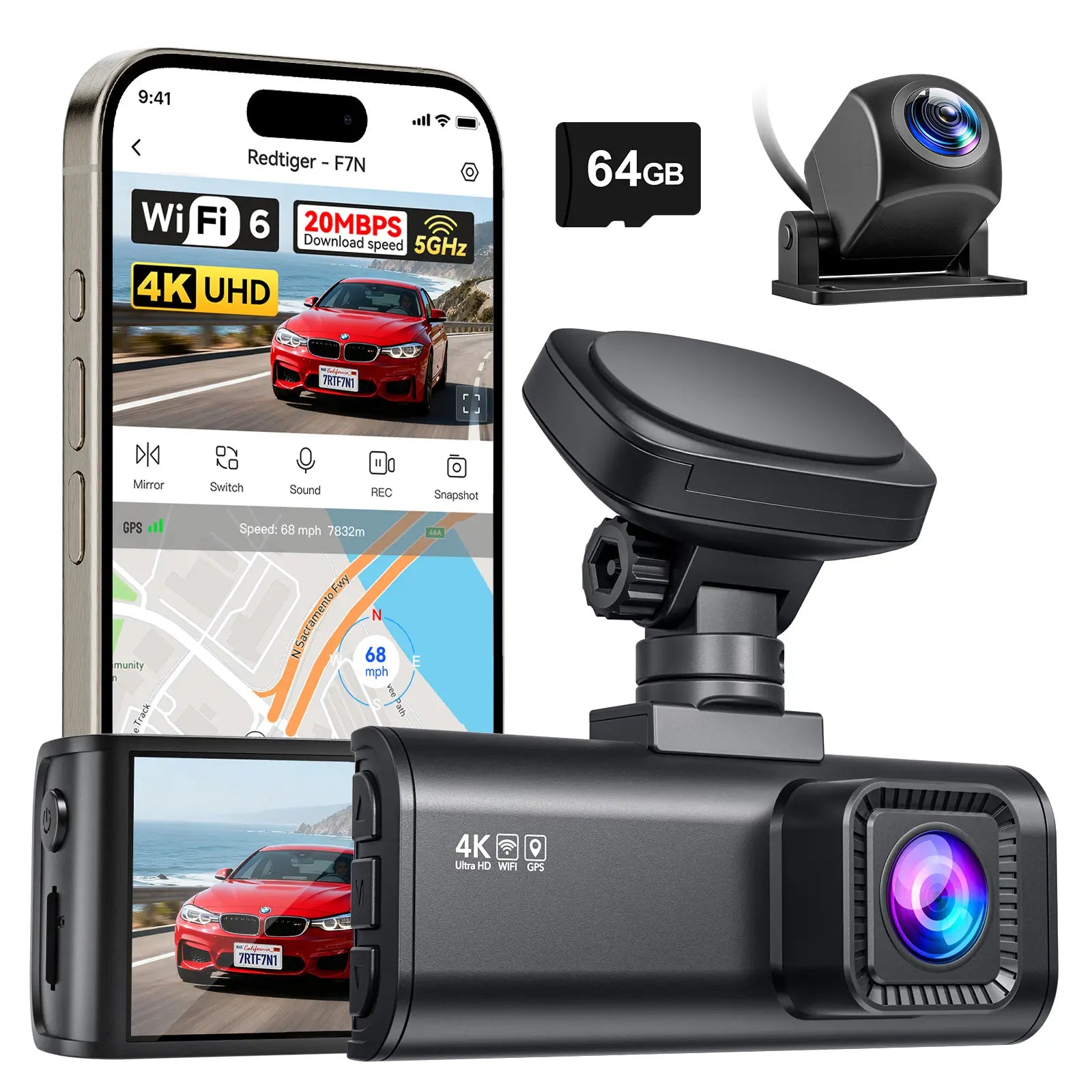 REOTIGER F7N 4K ドライブレコーダー F7N 4K Dual Front and Rear Dash Cam with 64GB Card