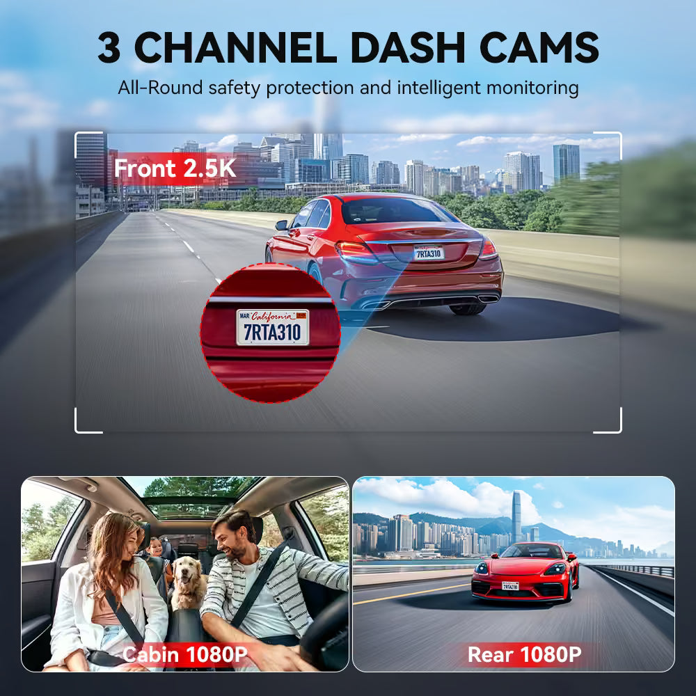 REDTIGER A3 3 Channel Dash Cam Front and Rear Inside, 2.5K + 1080P + 1080P Dash Camera for Cars with WiFi, IR Night View, 3.18" Screen, Parking Mode, Loop Recording