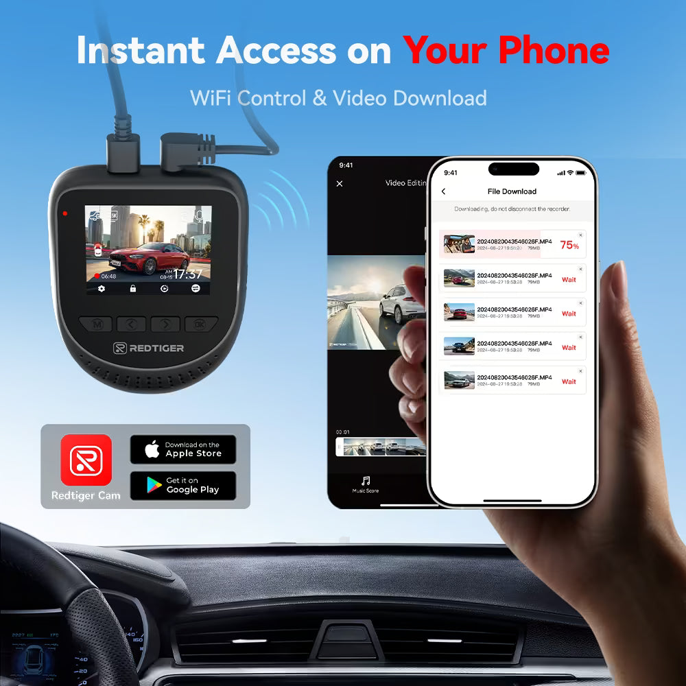 Redtiger A2 Dash Camera Front and Rear, 2.5K+1080P Dual Dashcam, WiFi, Loop Recording, G-Sensor, 24H Parking Mode, Super Capacitor, Wide Angle (SD Card Not Included)
