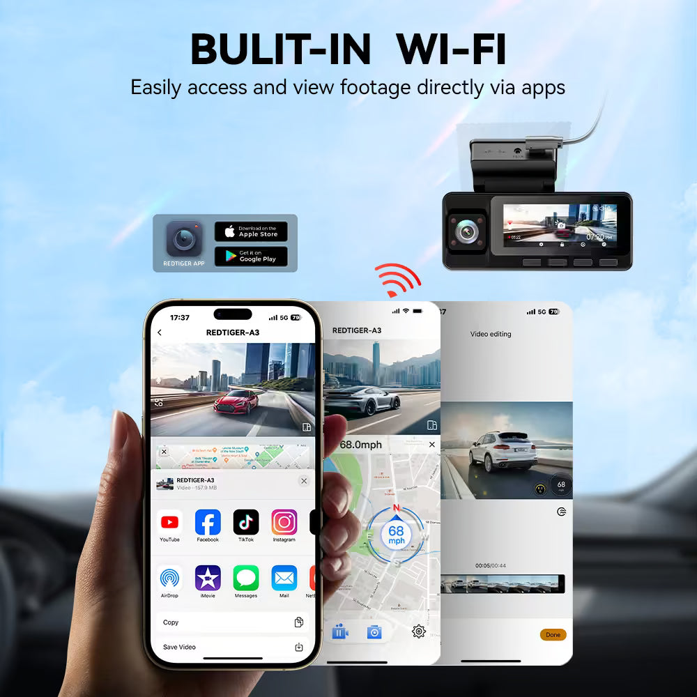 REDTIGER A3 3 Channel Dash Cam Front and Rear Inside, 2.5K + 1080P + 1080P Dash Camera for Cars with WiFi, IR Night View, 3.18" Screen, Parking Mode, Loop Recording