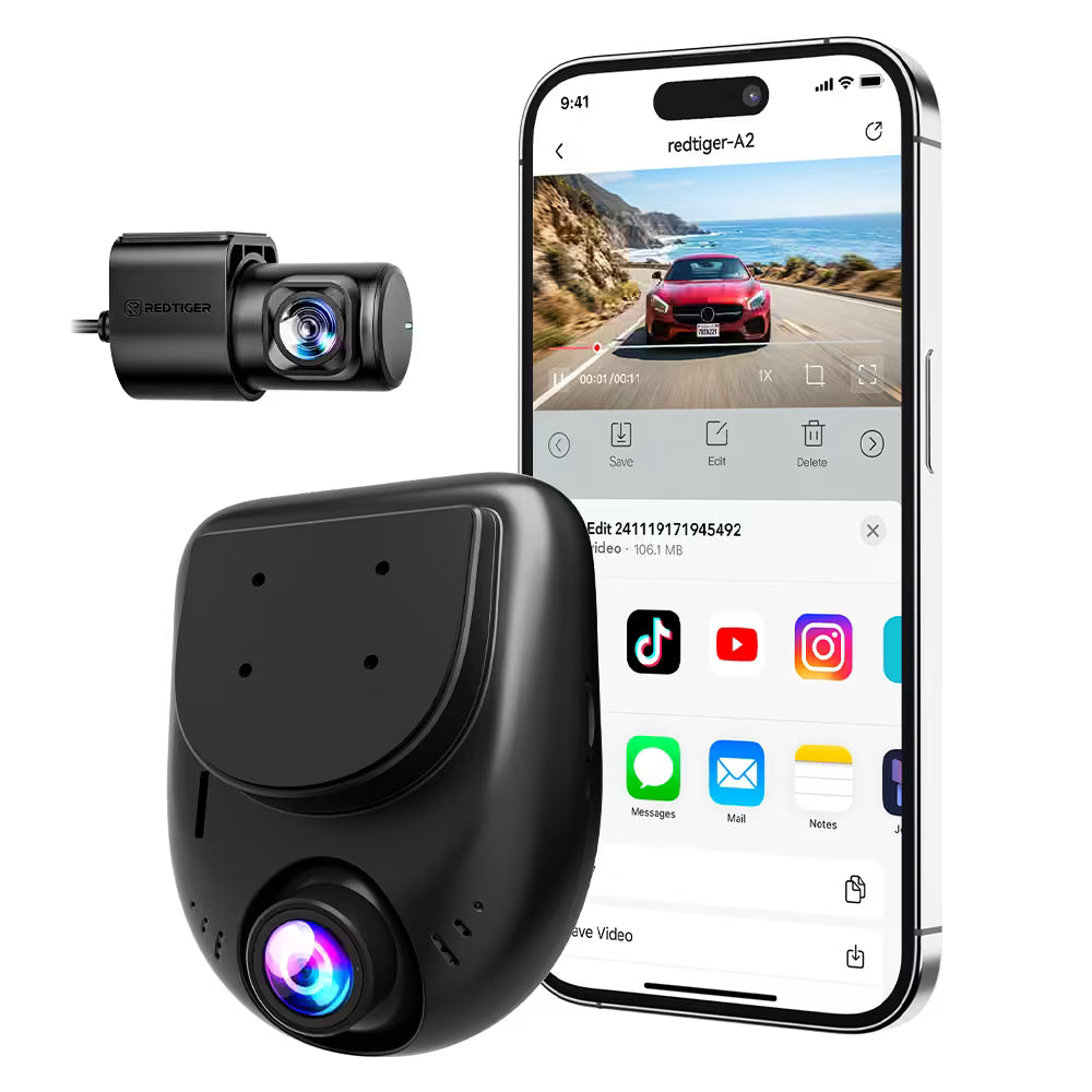 Redtiger A2 Dash Camera Front and Rear, 2.5K+1080P Dual Dashcam, WiFi, Loop Recording, G-Sensor, 24H Parking Mode, Super Capacitor, Wide Angle (SD Card Not Included)