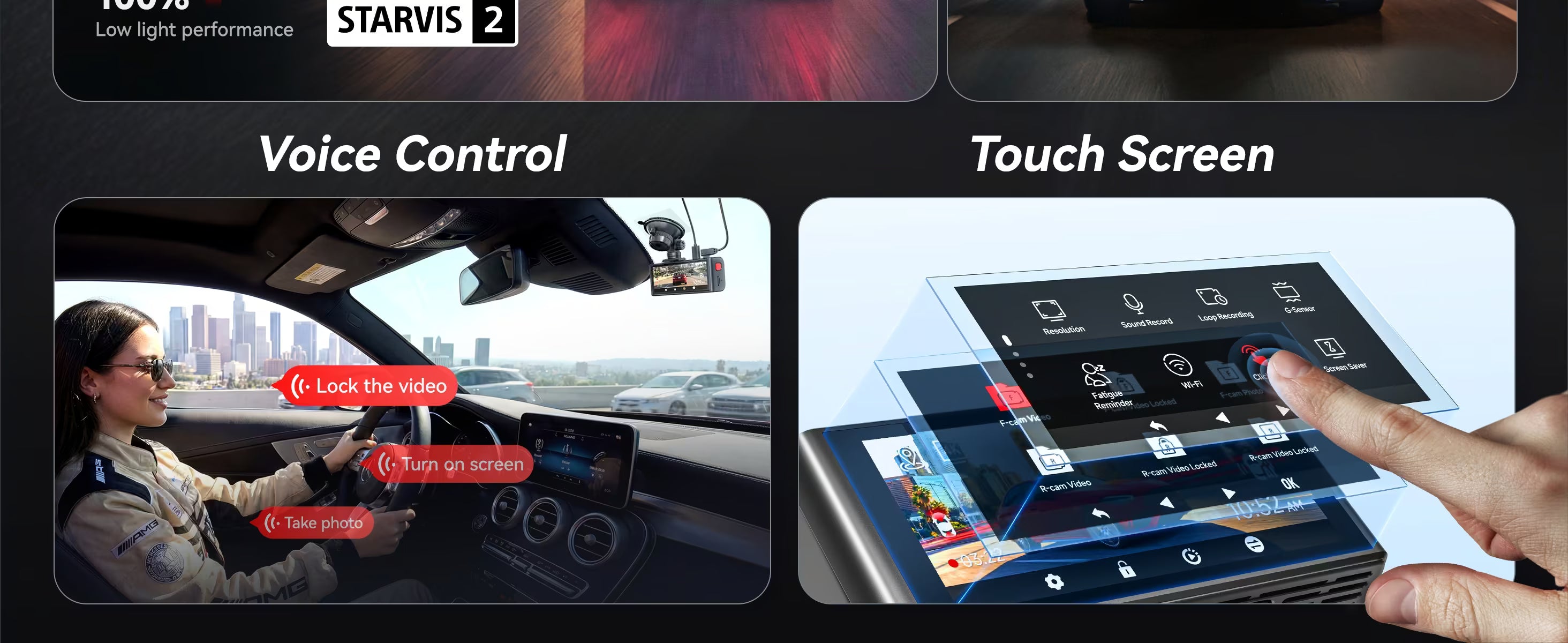 Car interface with voice control and touch screen features, featuring a driver and a hand interacting with the screen.