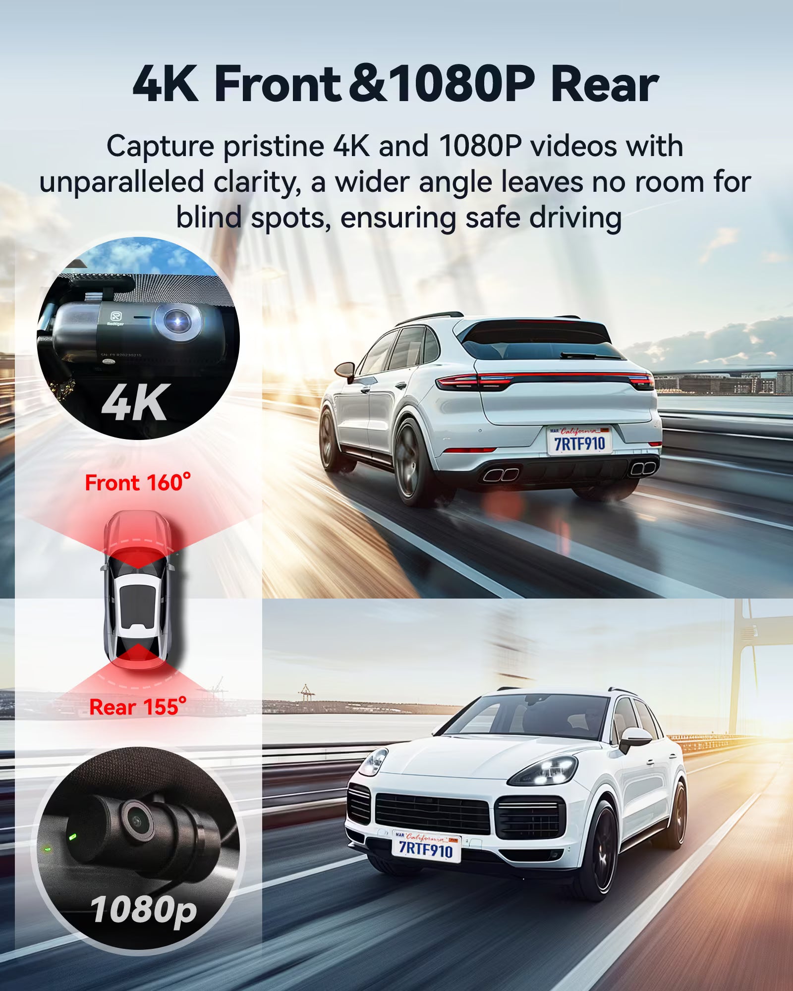 REDTIGER F9 4K Dash Cam Front and Rear 1080P, 5.8GHz WiFi & Smart App