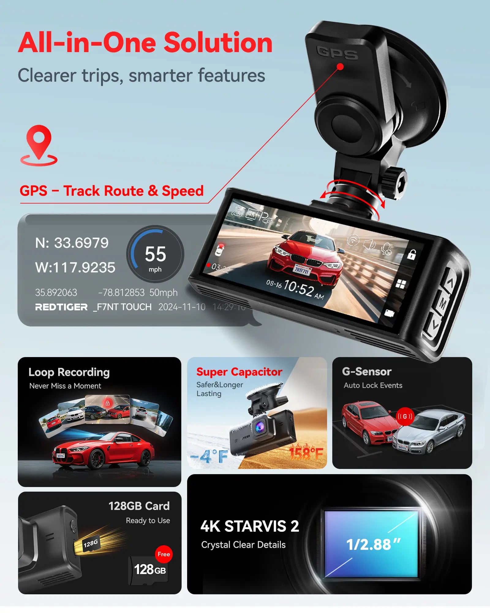 Redtiger F7NT 4K Sony STARVIS 2 HDR WiFi 6 Touch Screen Voice Contral Dual Dash Cam Hot Sales REDTIGER Dash Cam