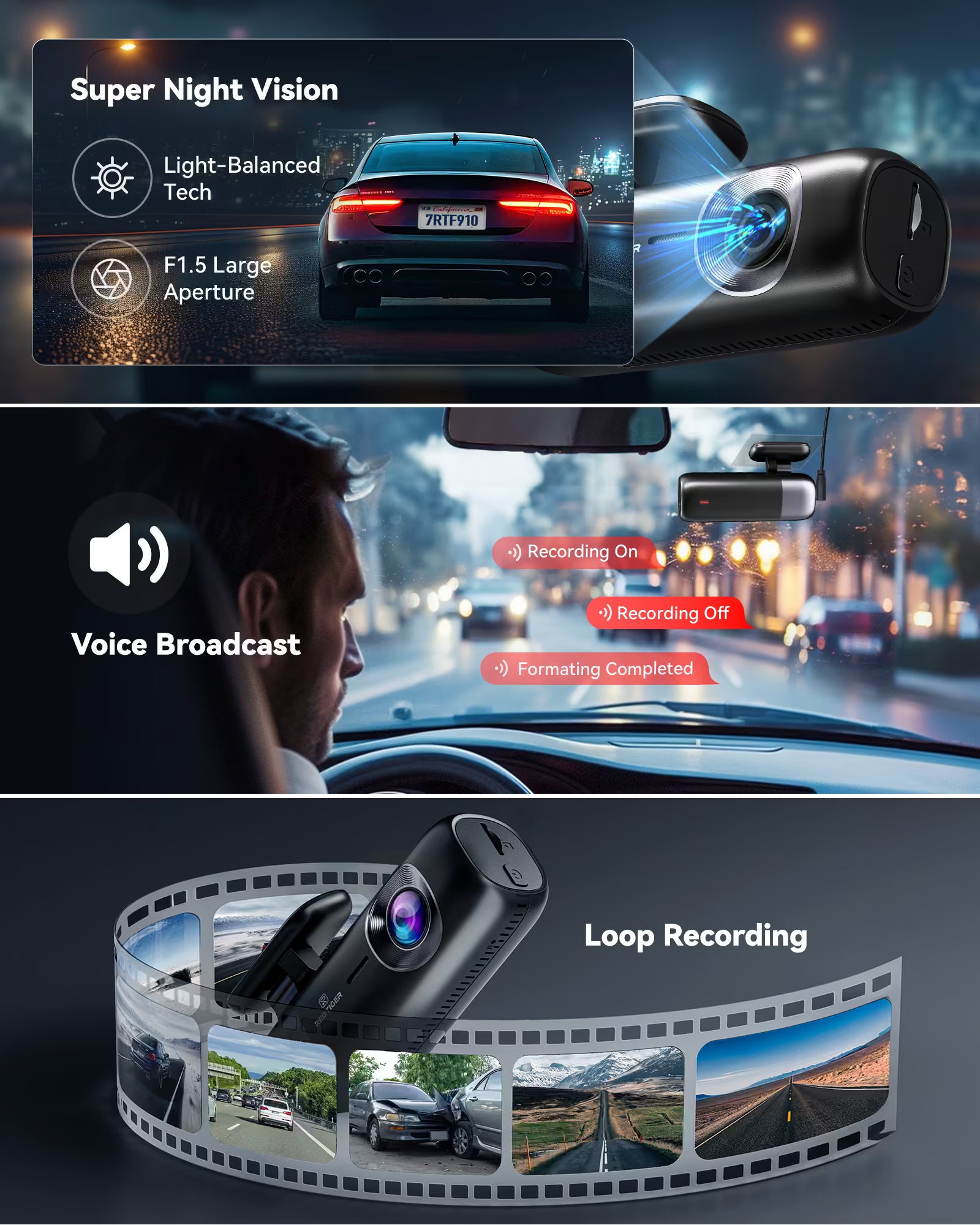 REDTIGER F9 4K Dash Cam Front and Rear 1080P, 5.8GHz WiFi & Smart App