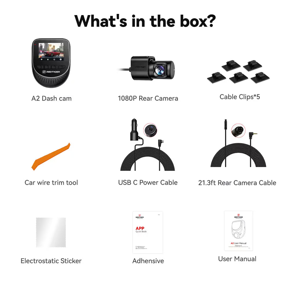 Redtiger A2 Dash Camera Front and Rear, 2.5K+1080P Dual Dashcam, WiFi, Loop Recording, G-Sensor, 24H Parking Mode, Super Capacitor, Wide Angle (SD Card Not Included)