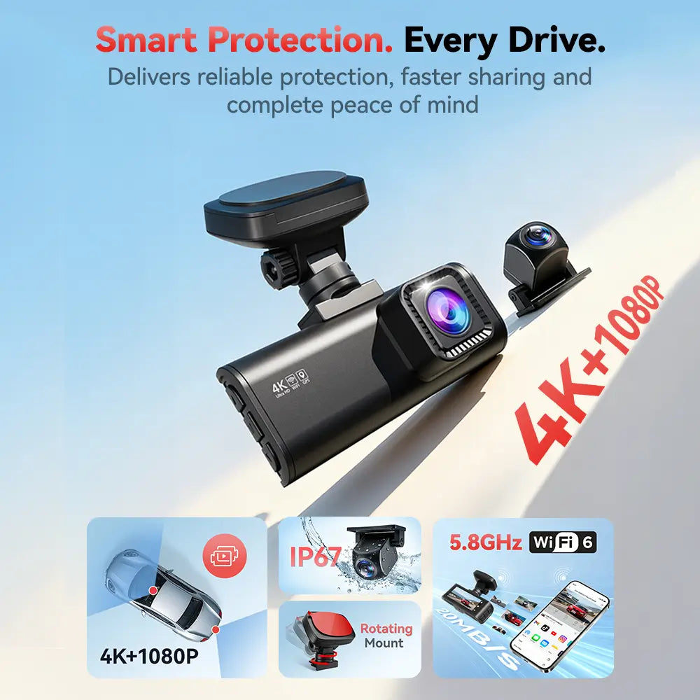 F7N 4K Dual Front and Rear Dash Cam with 64GB Card