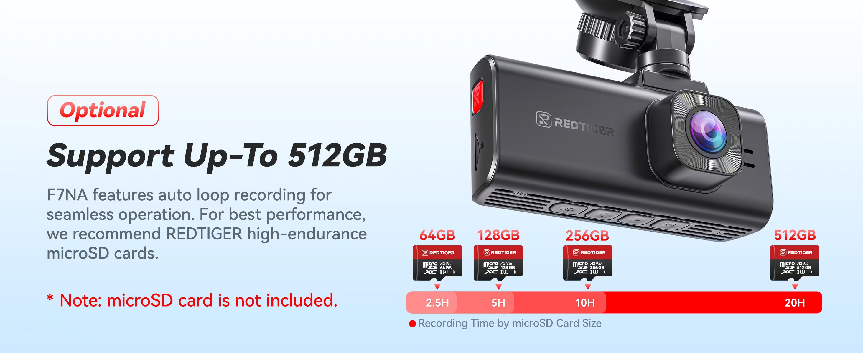 Car dashboard camera with microSD card capacity options on a light blue background