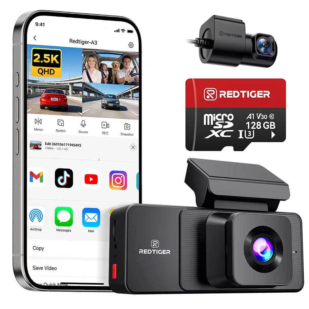 REDTIGER A3 3 Channel Dash Cam Front and Rear Inside, 2.5K + 1080P + 1080P Dash Camera for Cars with WiFi, IR Night View, 3.18" Screen, Parking Mode, Loop Recording