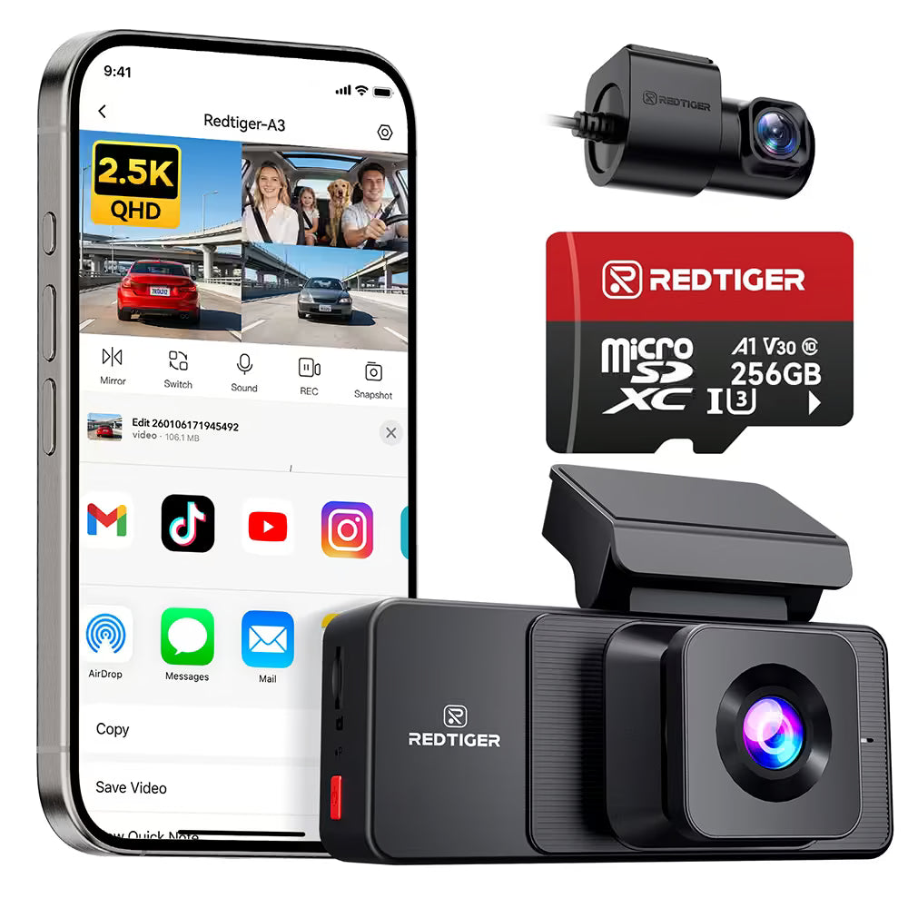 REDTIGER A3 3 Channel Dash Cam Front and Rear Inside, 2.5K + 1080P + 1080P Dash Camera for Cars with WiFi, IR Night View, 3.18" Screen, Parking Mode, Loop Recording