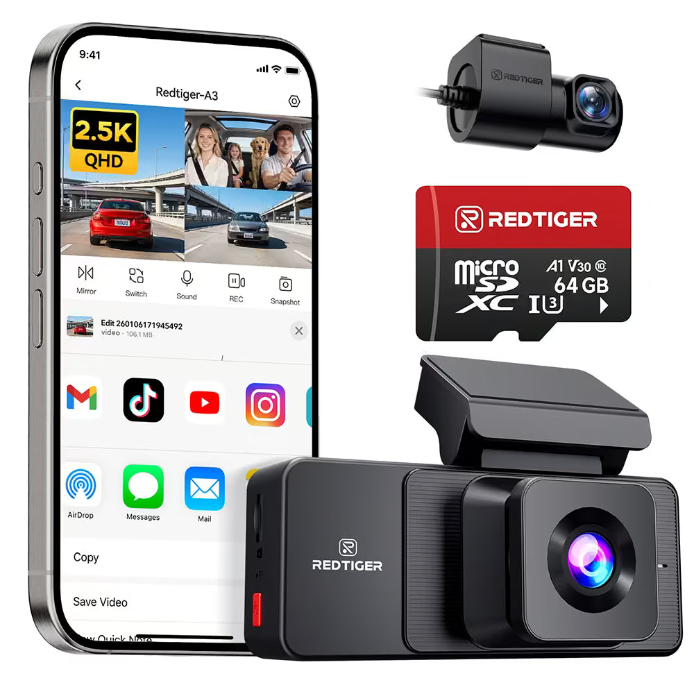 REDTIGER A3 3 Channel Dash Cam Front and Rear Inside, 2.5K + 1080P + 1080P Dash Camera for Cars with WiFi, IR Night View, 3.18" Screen, Parking Mode, Loop Recording
