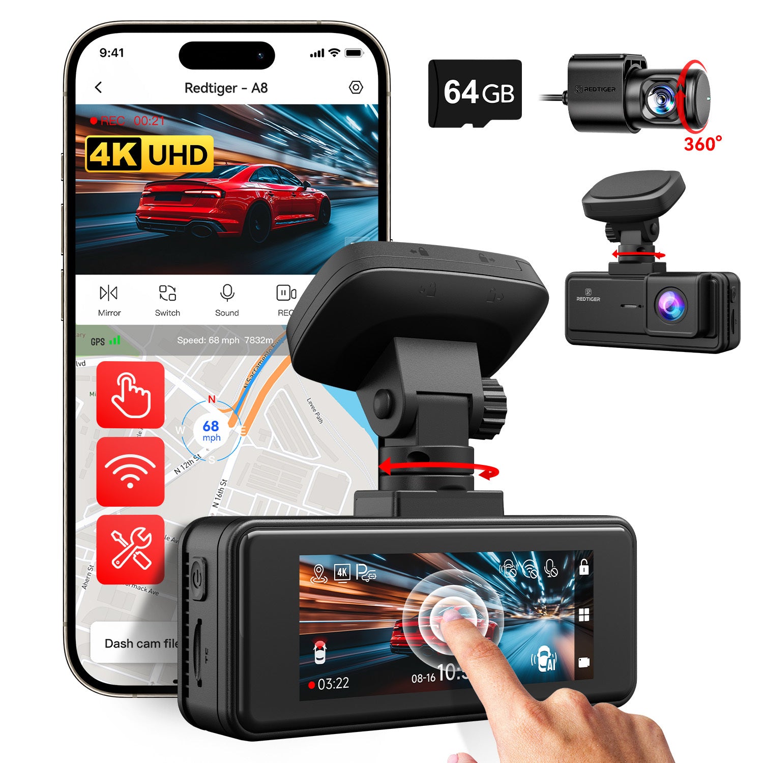 REDTIGER 4K Dash Cam Front and Rear, 3.18" IPS Touch Screen Car Camera, Dual Dash cam with 64GB Card, Built-in GPS, Super Night Vision, 24H Parking Monitor, G-Sensor, Loop Recording（A8） easy-product-customizer