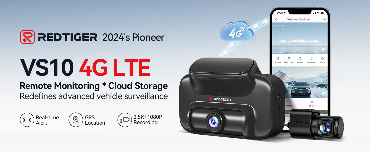 Redtiger VS10 4G Lte Could Storage 2.5K Wireless Parking Alarm Dash Cam