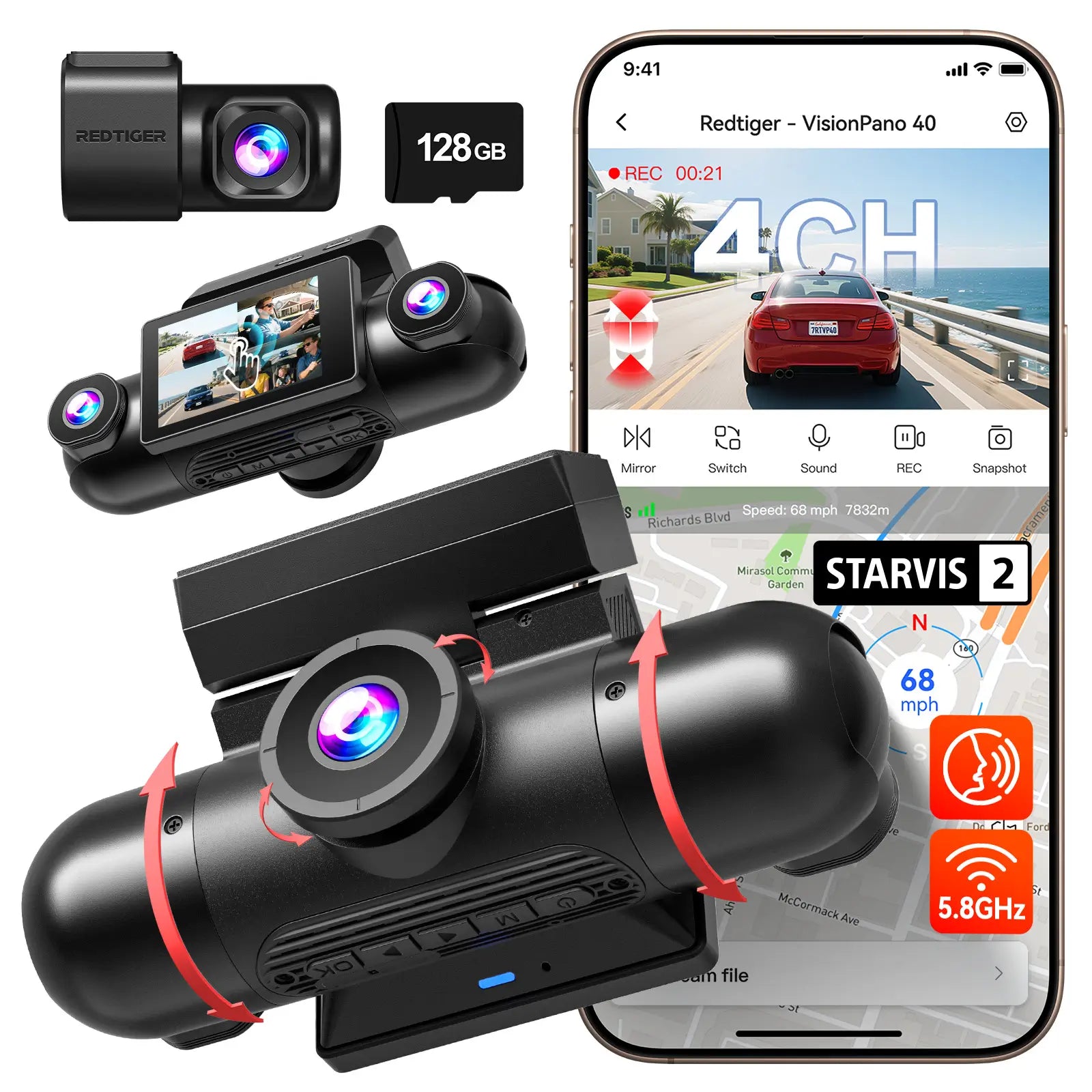 Redtiger VisionPano 40 4 Channel Dash Cam Dual Sony STARVIS 2 HDR 5.8 Ghz WiFi Parking Monitor Dash Cam