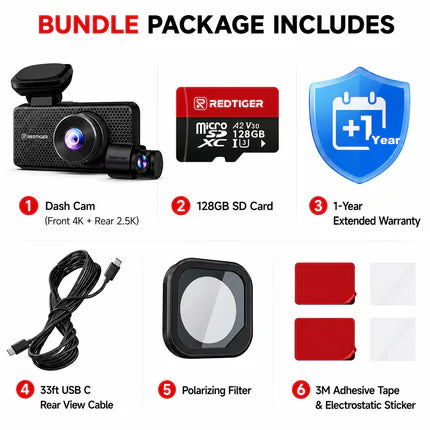 Redtiger F17 Elite 4K+2.5K+1080P  3-Channel 24/7 Ultra-Color 5.8 GHz WiFi6 Dash Cam