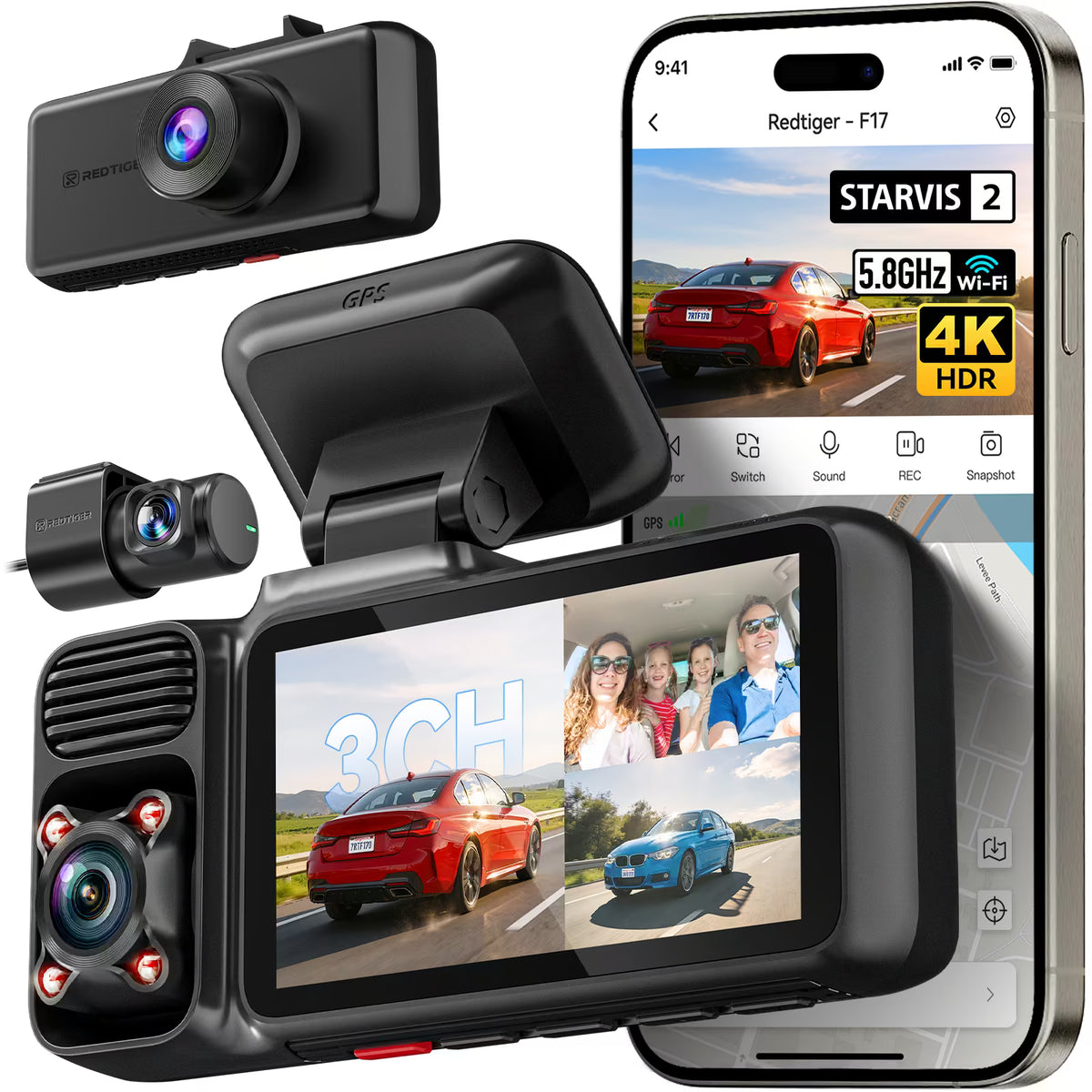 F17 3-Channel 4K 5G WiFi Dash Cam with Parking Monitor